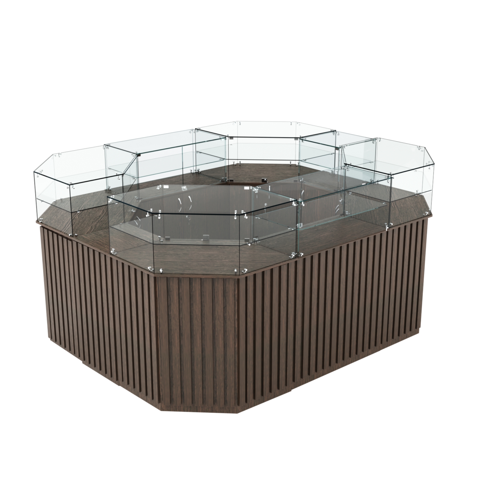 Торговый прямоугольный островок с высоким накопителем и планками серии ПРИЛИВ №4 (6,48 кв.м) Дуб Венге