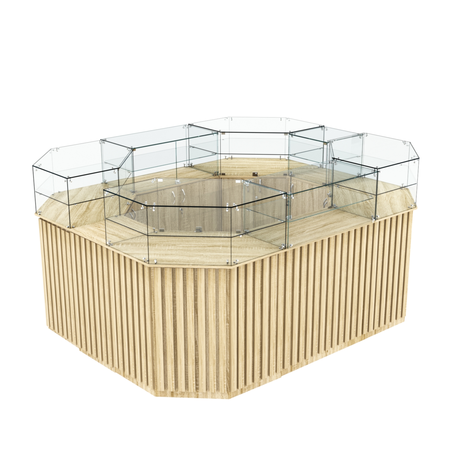 Торговый прямоугольный островок с высоким накопителем и планками серии ПРИЛИВ №4 (6,48 кв.м) Дуб сонома