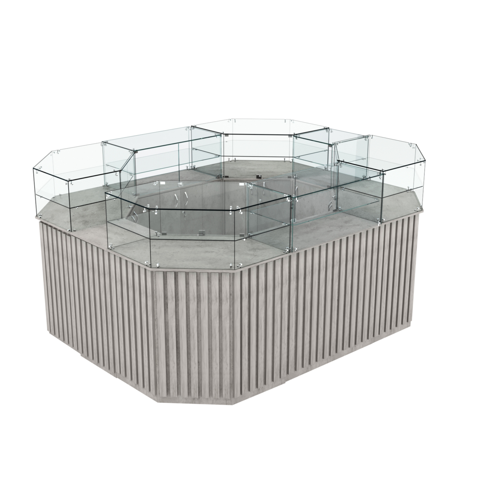 Торговый прямоугольный островок с высоким накопителем и планками серии ПРИЛИВ №4 (6,48 кв.м) Бетон Чикаго светло-серый F186 ST9