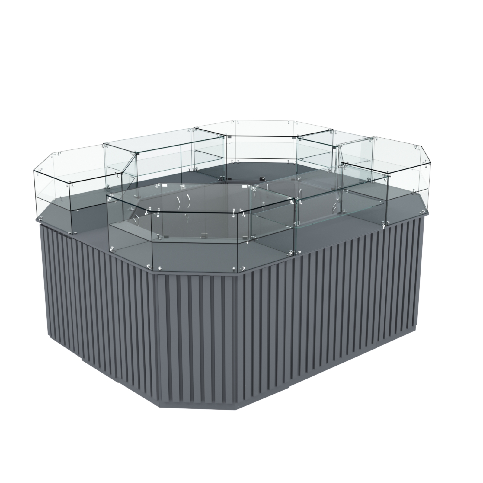 Торговый прямоугольный островок с высоким накопителем и планками серии ПРИЛИВ №4 (6,48 кв.м) Темно-Серый