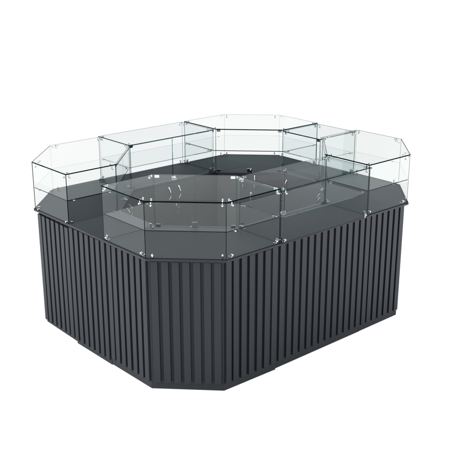 Торговый прямоугольный островок с высоким накопителем и планками серии ПРИЛИВ №4 (6,48 кв.м) Антрацит