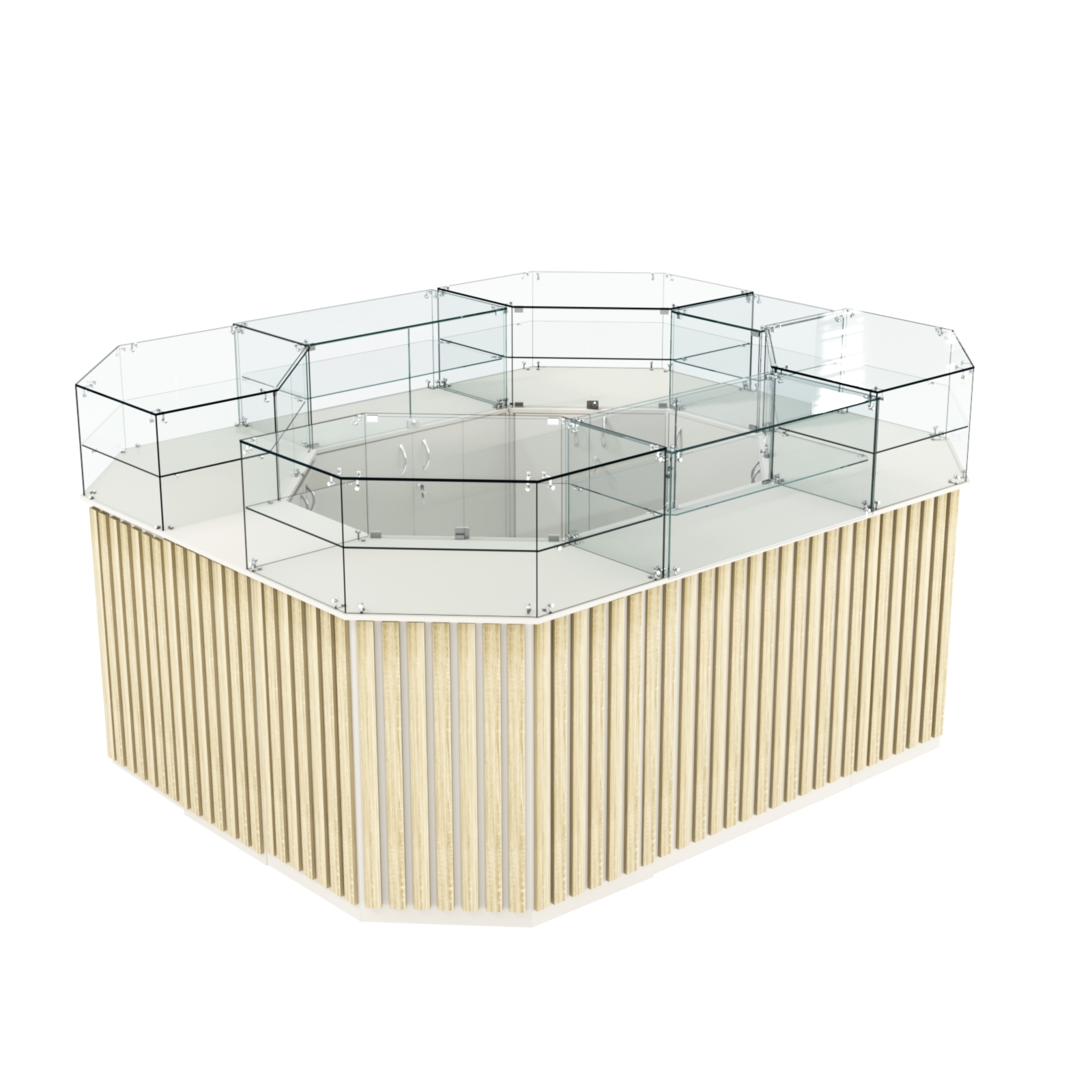 Торговый прямоугольный островок с высоким накопителем и планками серии ПРИЛИВ №4 (6,48 кв.м) Белый + Дуб Сонома