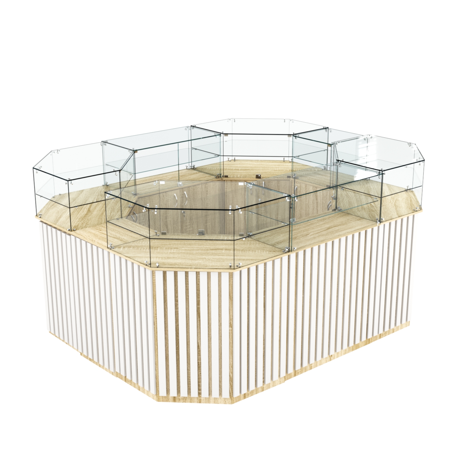 Торговый прямоугольный островок с высоким накопителем и планками серии ПРИЛИВ №4 (6,48 кв.м) Дуб Сонома + Белый