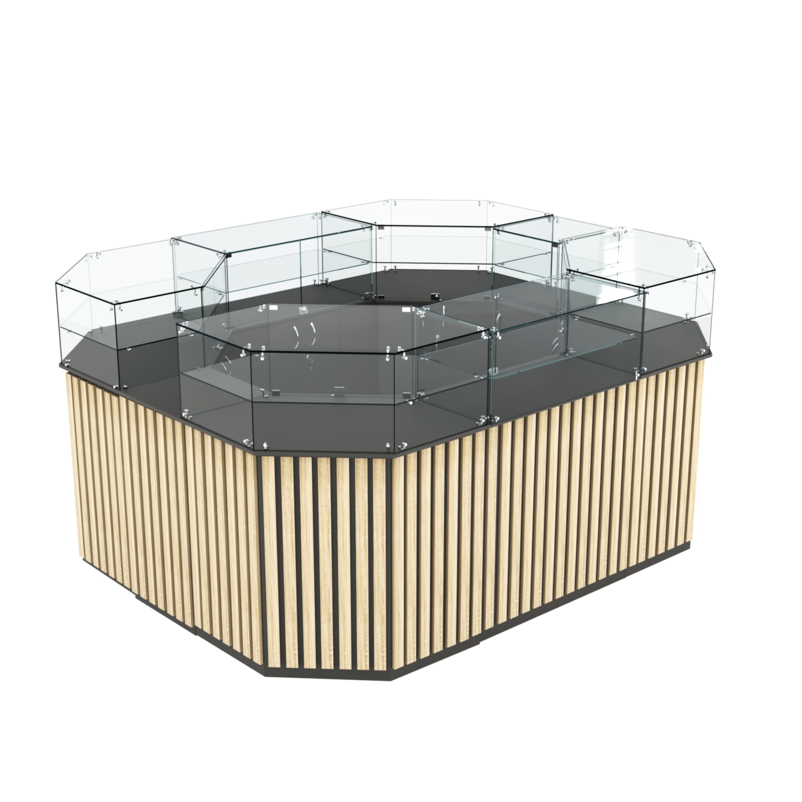 Торговый прямоугольный островок с высоким накопителем и планками серии ПРИЛИВ №4 (6,48 кв.м) Черный + Дуб Сонома