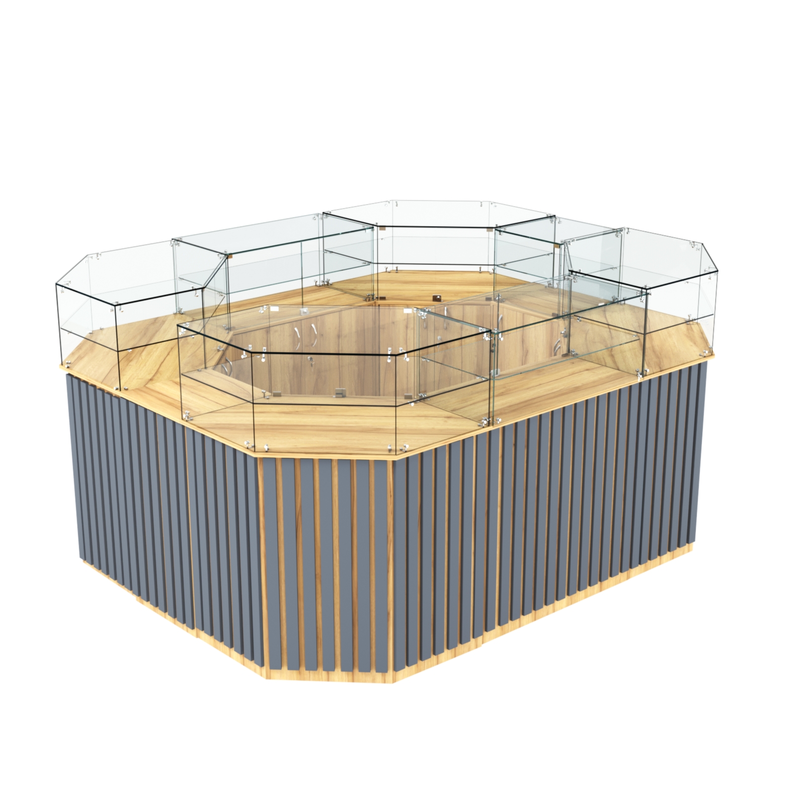 Торговый прямоугольный островок с высоким накопителем и планками серии ПРИЛИВ №4 (6,48 кв.м) Дуб Золотистый и Темно-Серый