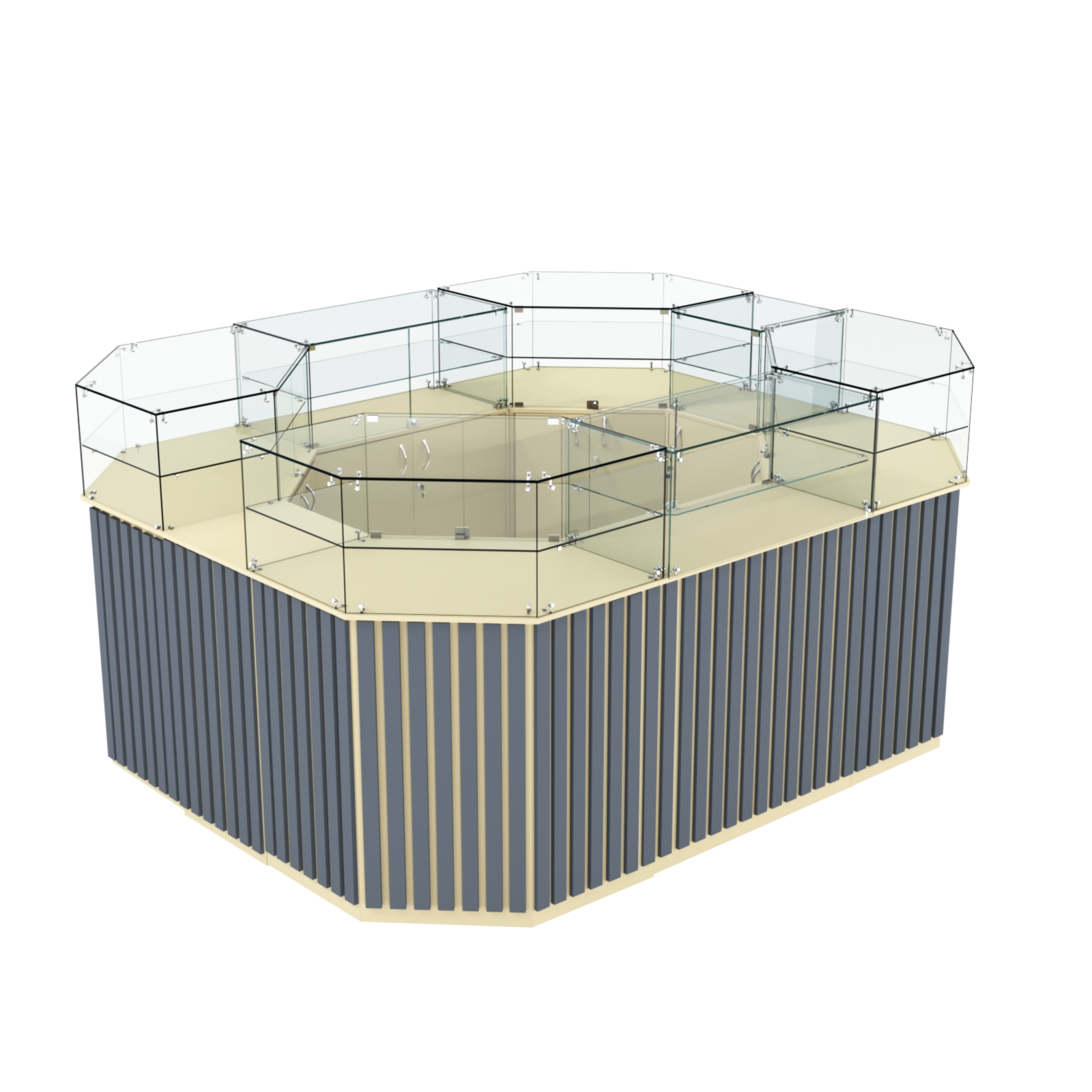 Торговый прямоугольный островок с высоким накопителем и планками серии ПРИЛИВ №4 (6,48 кв.м) Крем Вайс и Темно Серый U2236-U2601