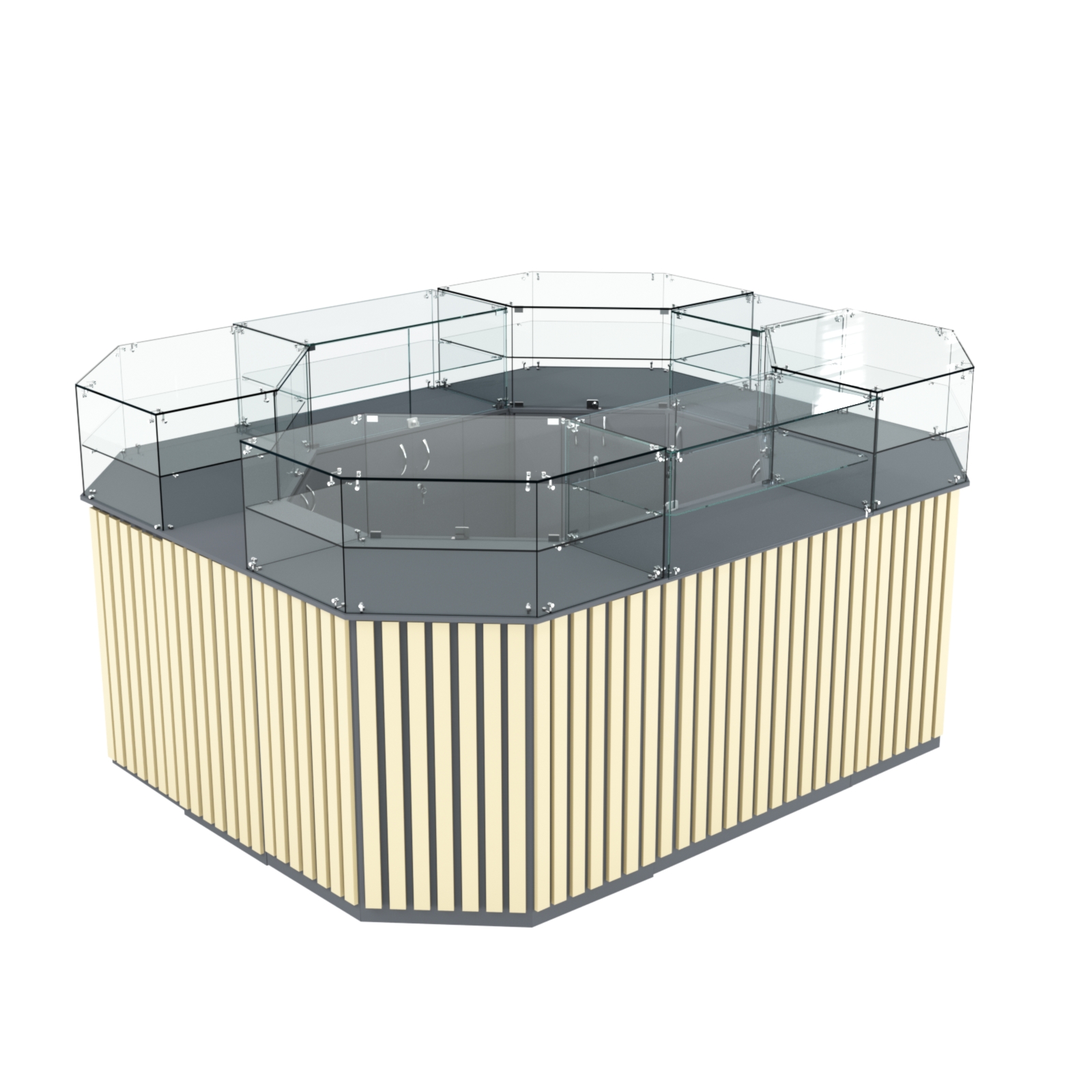 Торговый прямоугольный островок с высоким накопителем и планками серии ПРИЛИВ №4 (6,48 кв.м) Темно-серый и Крем Вайс U2601-U2236