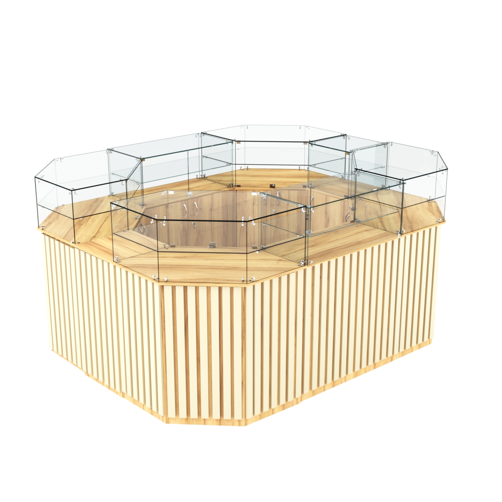 Торговый прямоугольный островок с высоким накопителем и планками серии ПРИЛИВ №4 (6,48 кв.м) Дуб Золотистый и Крем Вайс