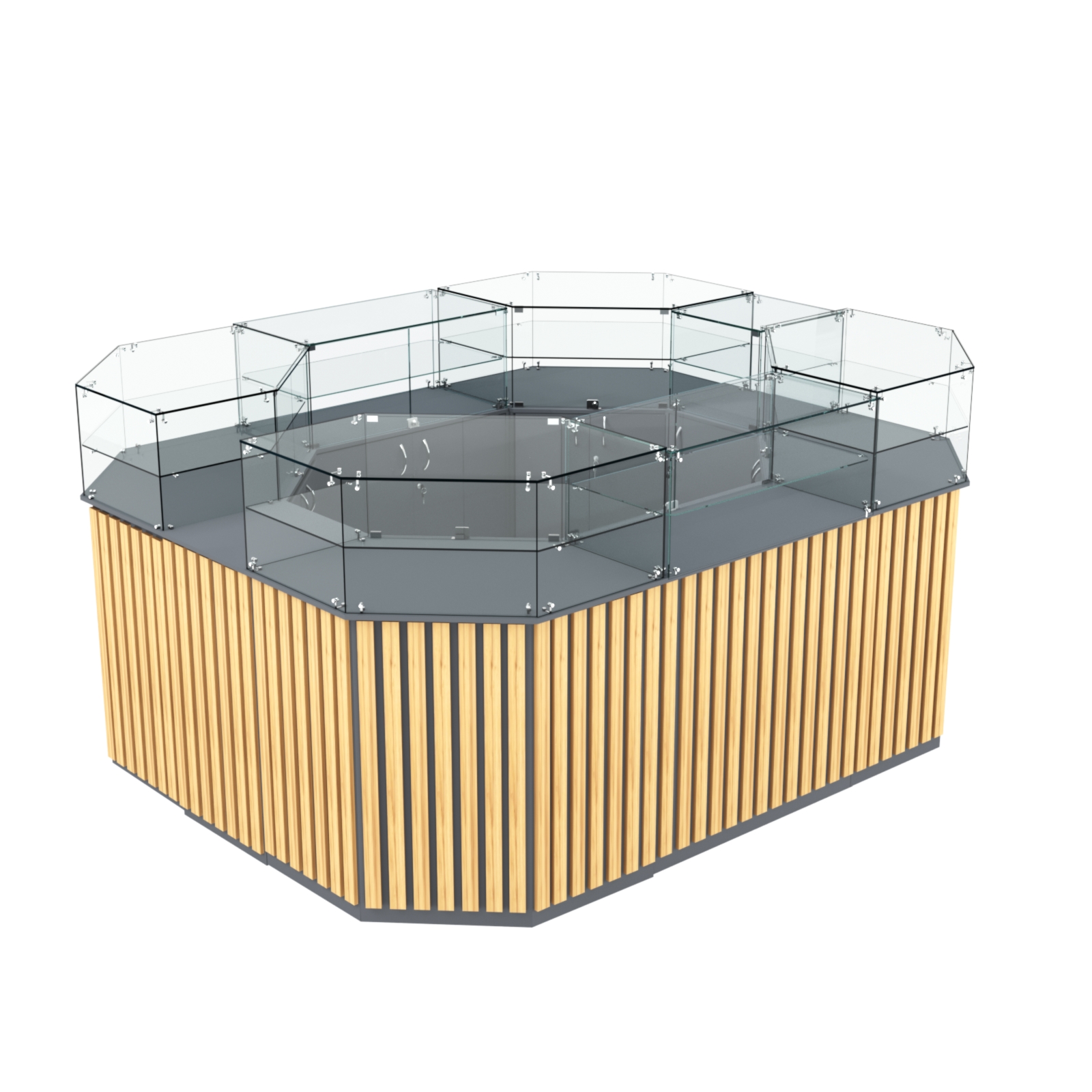 Торговый прямоугольный островок с высоким накопителем и планками серии ПРИЛИВ №4 (6,48 кв.м) Темно-Серый  + Дуб Золотистый