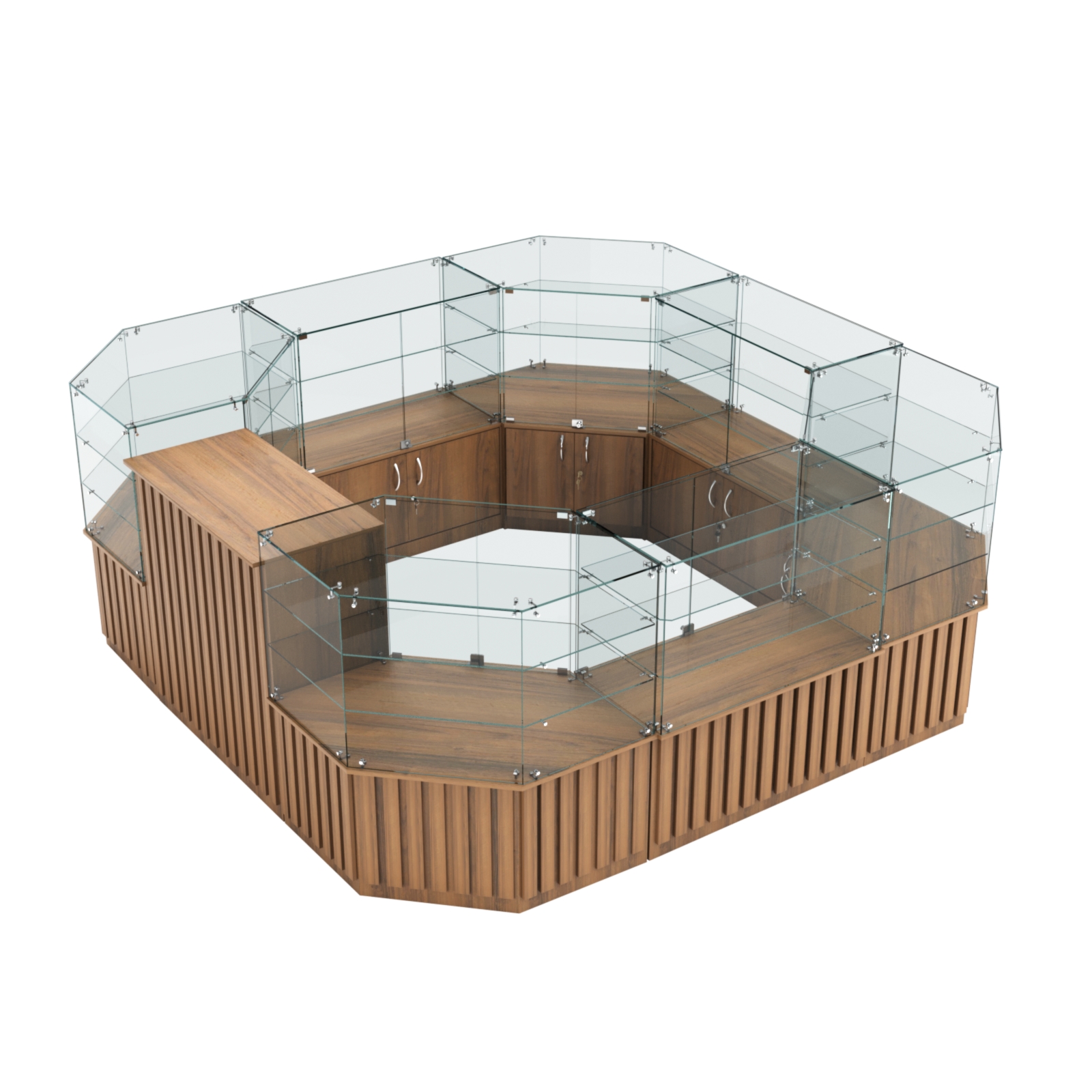 Торговый стеклянный островок с планками серии ПРИЛИВ №2 (7,88 кв.м) Орех