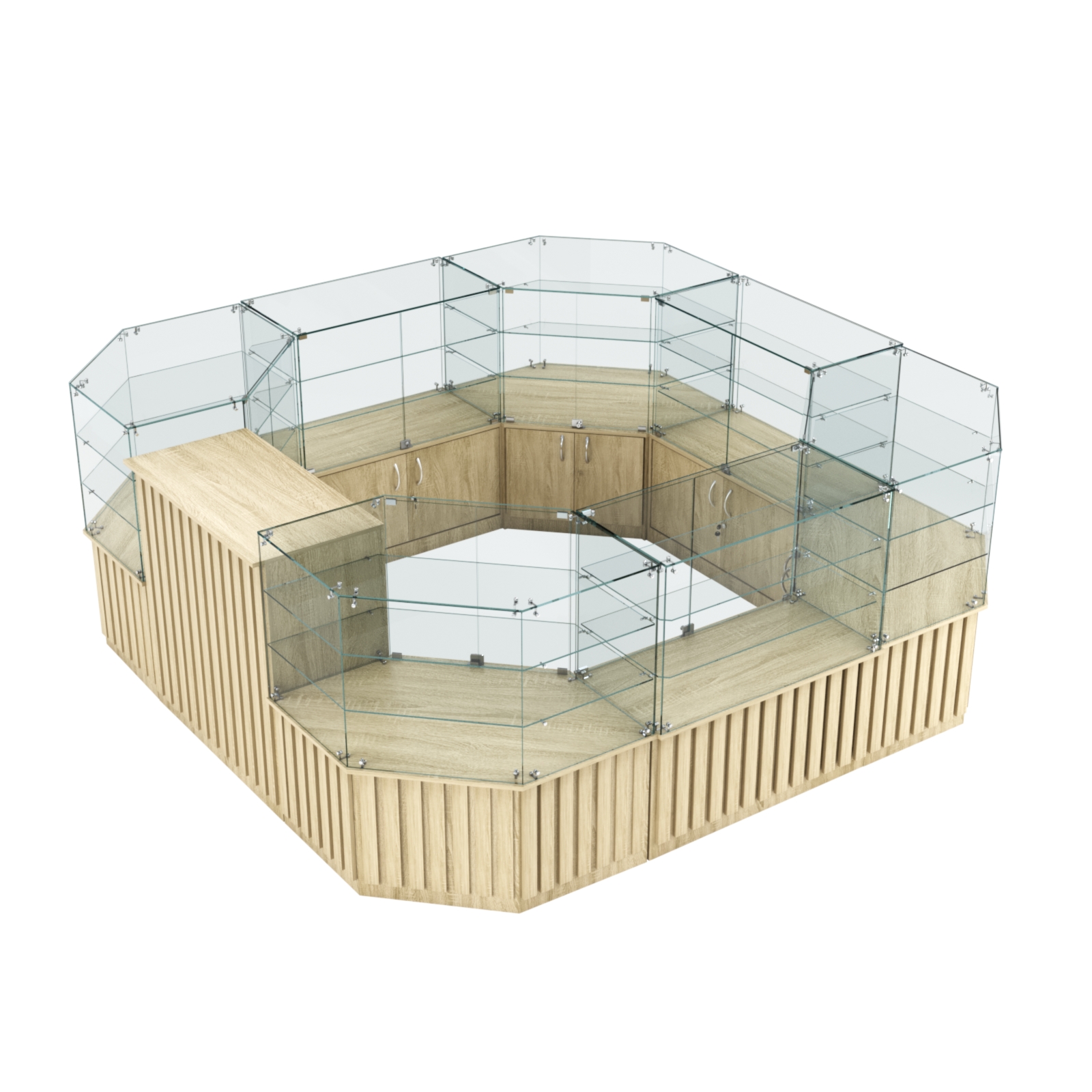 Торговый стеклянный островок с планками серии ПРИЛИВ №2 (7,88 кв.м) Дуб сонома