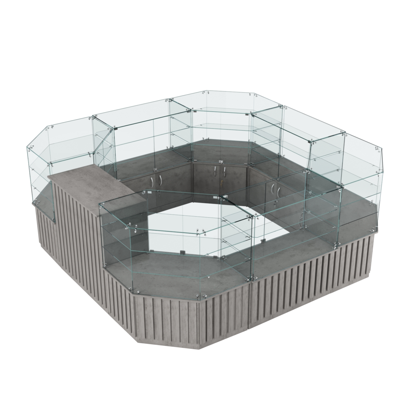 Торговый стеклянный островок с планками серии ПРИЛИВ №2 (7,88 кв.м) Бетон Чикаго светло-серый F186 ST9