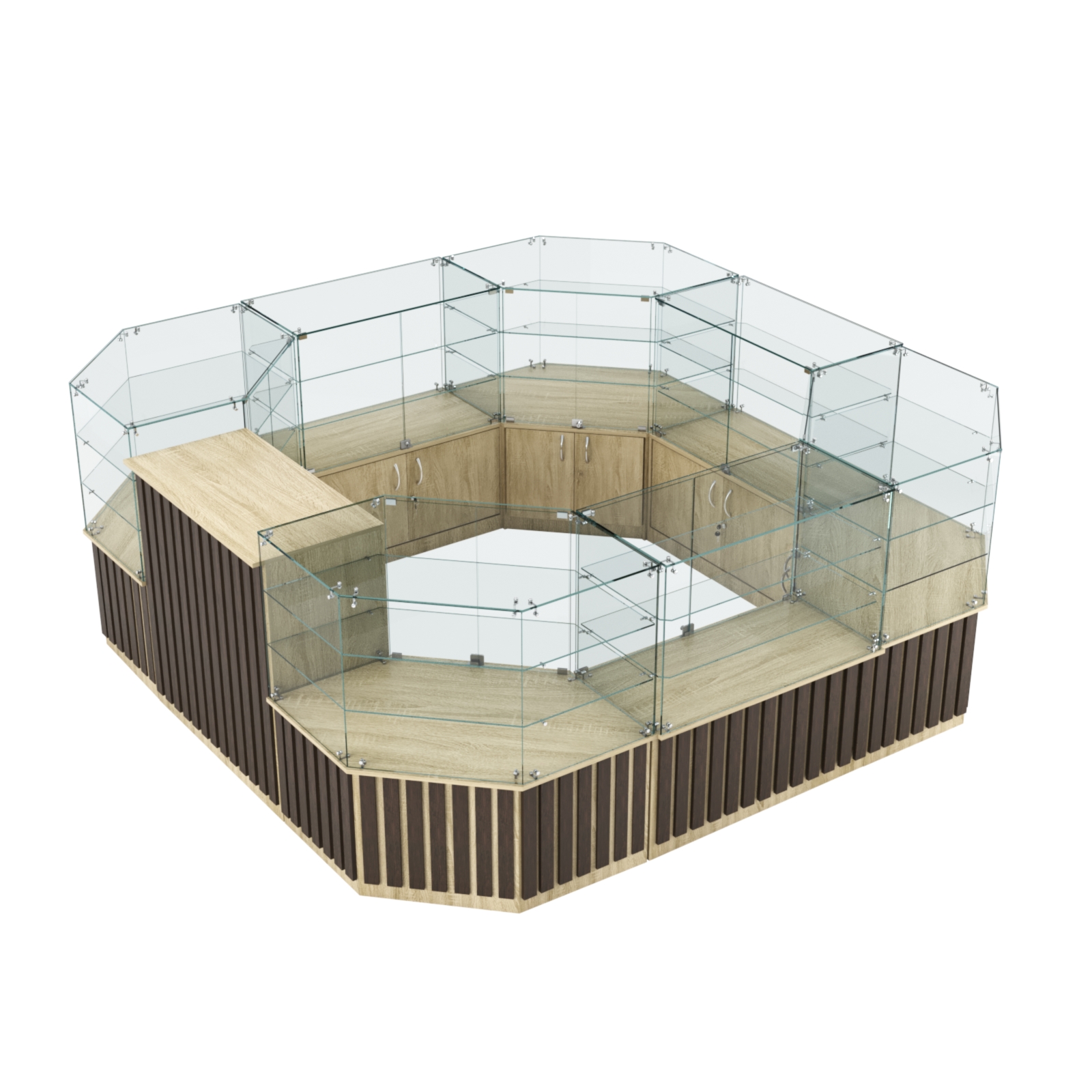 Торговый стеклянный островок с планками серии ПРИЛИВ №2 (7,88 кв.м) Дуб Сонома + Дуб Венге