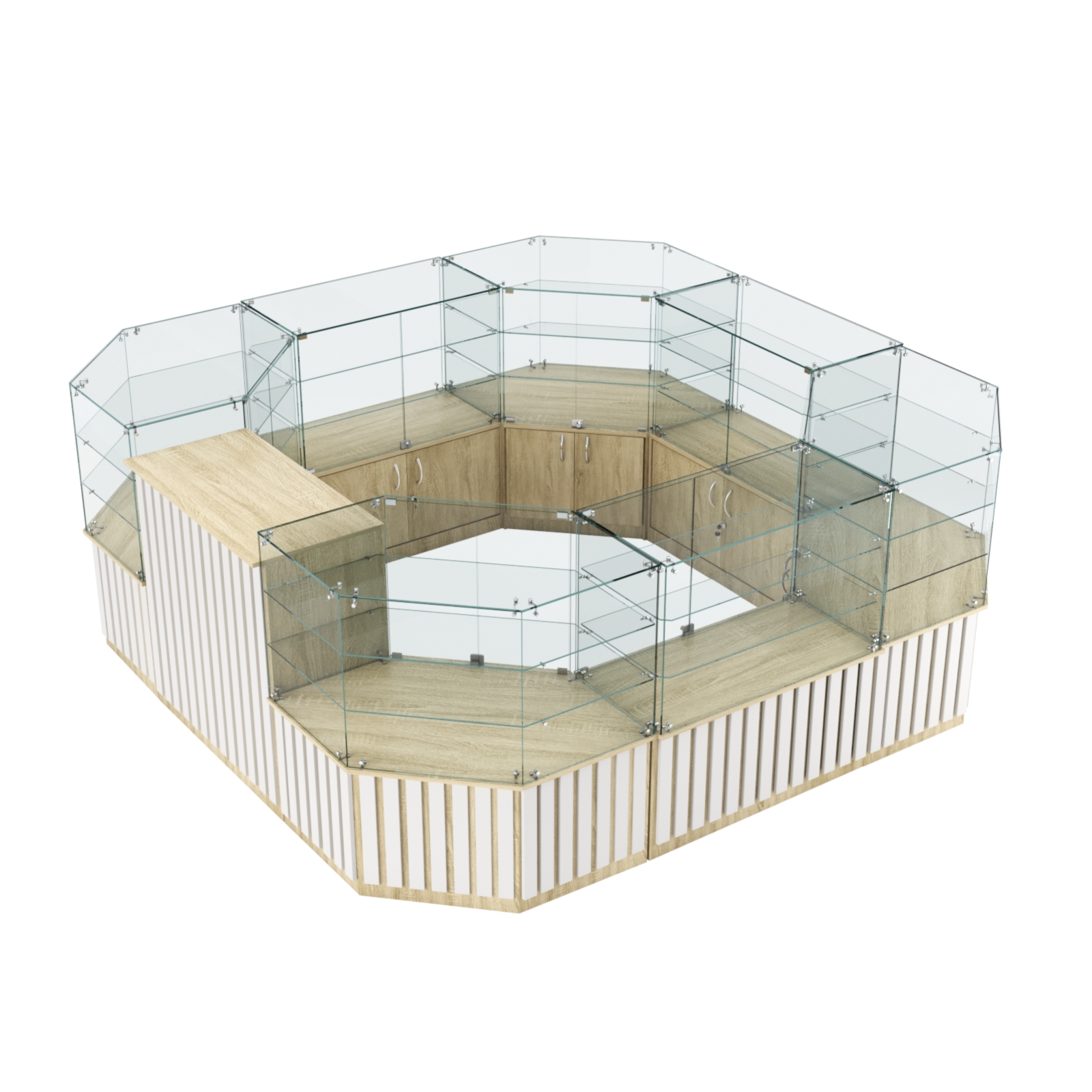 Торговый стеклянный островок с планками серии ПРИЛИВ №2 (7,88 кв.м) Дуб Сонома + Белый