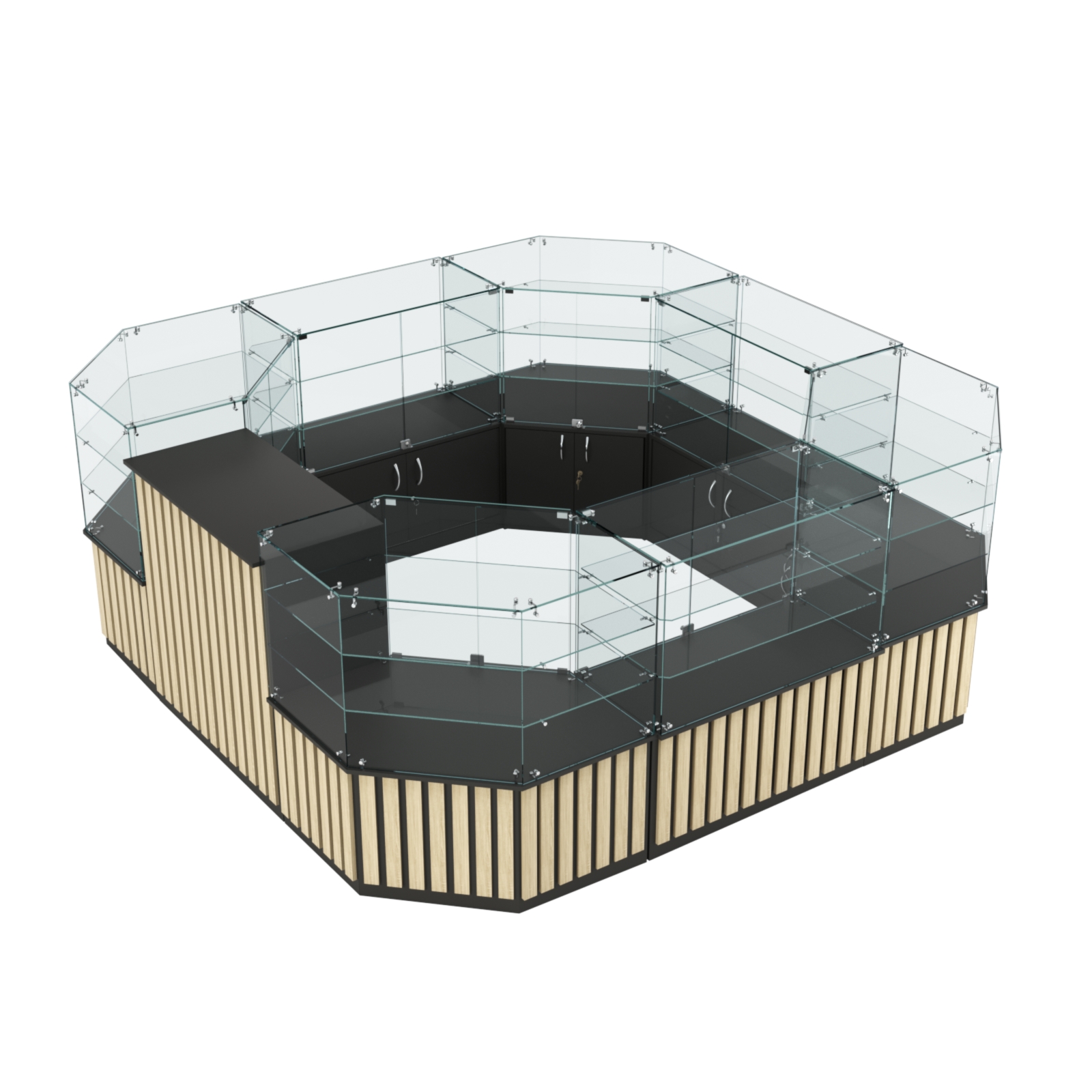 Торговый стеклянный островок с планками серии ПРИЛИВ №2 (7,88 кв.м) Черный + Дуб Сонома