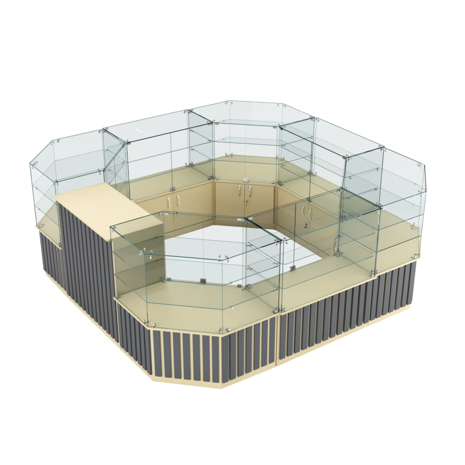 Торговый стеклянный островок с планками серии ПРИЛИВ №2 (7,88 кв.м) Крем Вайс и Темно Серый U2236-U2601