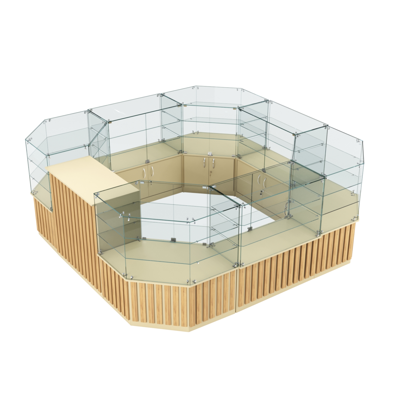 Торговый стеклянный островок с планками серии ПРИЛИВ №2 (7,88 кв.м) Крем Вайс и Дуб Золотистый