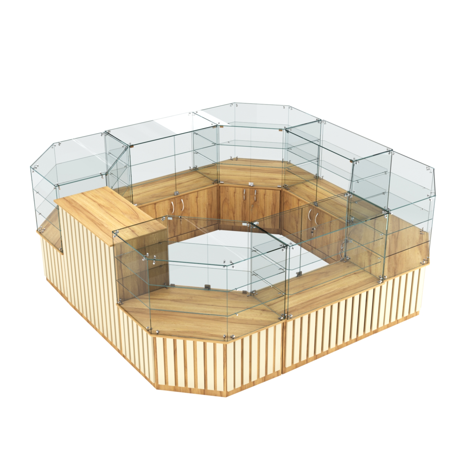 Торговый стеклянный островок с планками серии ПРИЛИВ №2 (7,88 кв.м) Дуб Золотистый и Крем Вайс