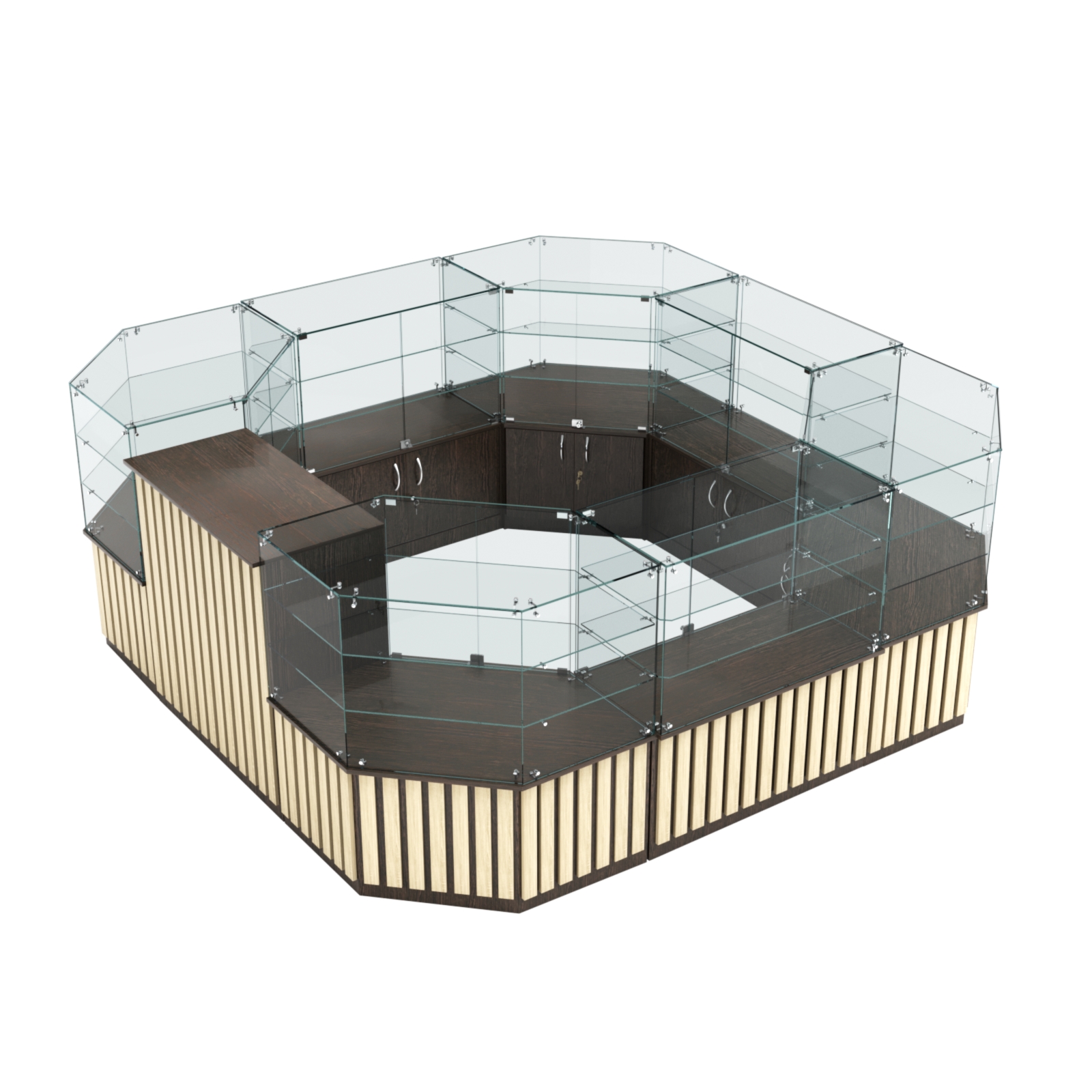 Торговый стеклянный островок с планками серии ПРИЛИВ №2 (7,88 кв.м) Дуб Венге + Дуб Сонома