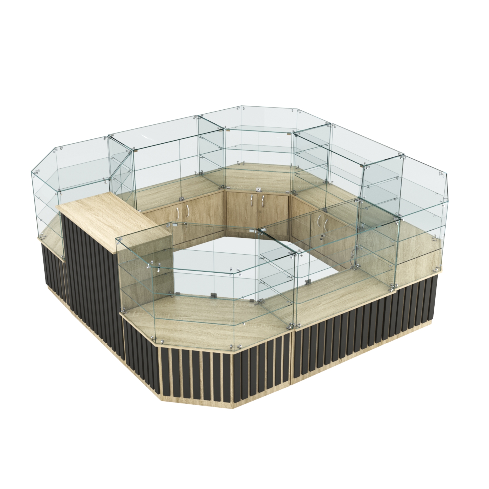 Торговый стеклянный островок с планками серии ПРИЛИВ №2 (7,88 кв.м) Дуб сонома, Черный