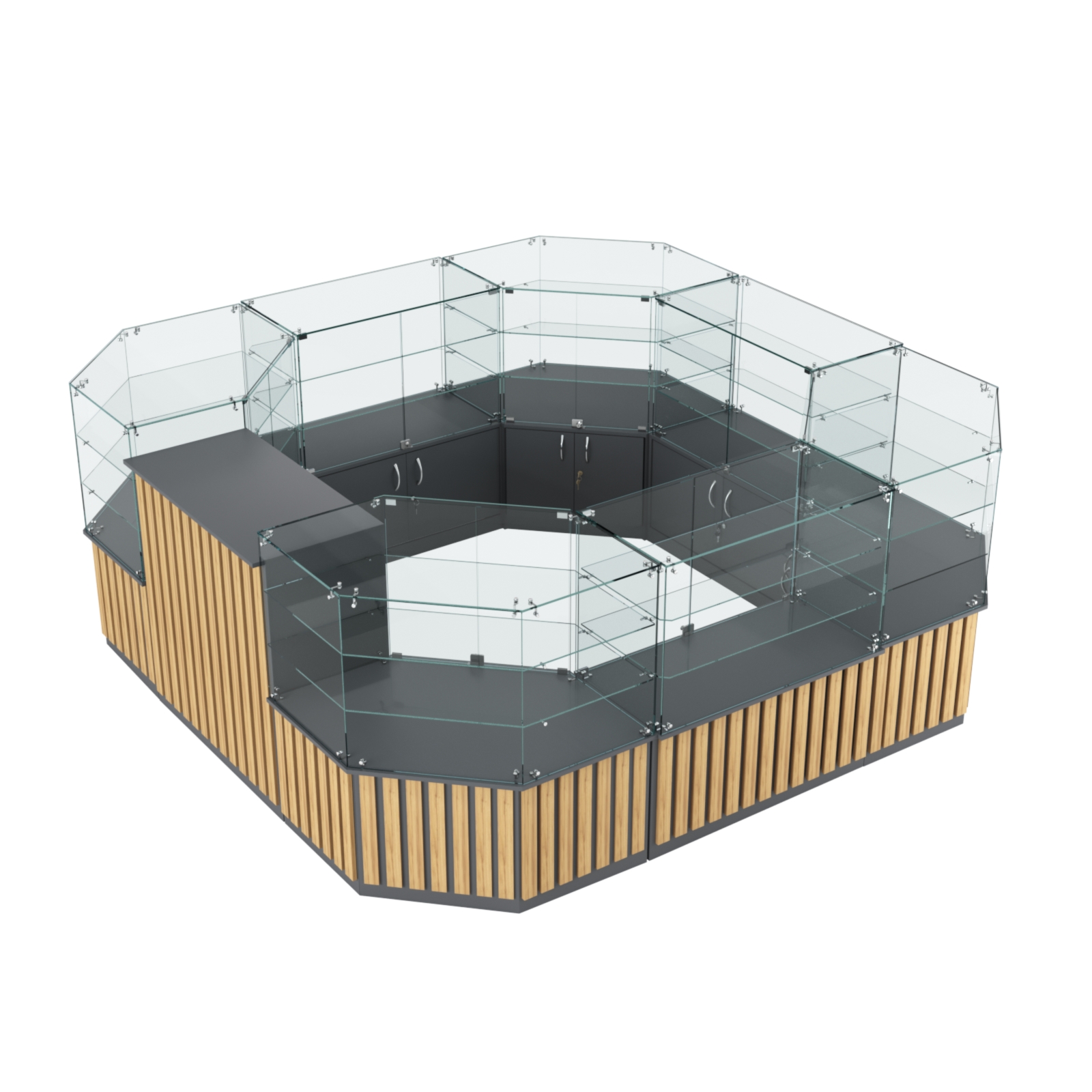 Торговый стеклянный островок с планками серии ПРИЛИВ №2 (7,88 кв.м) Темно-Серый  + Дуб Золотистый