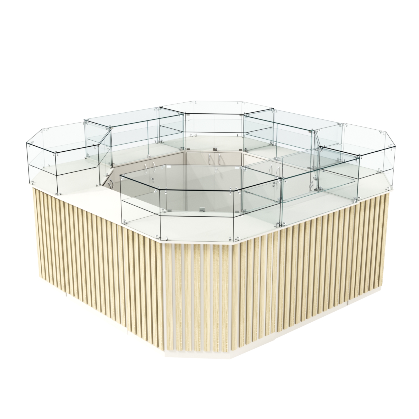 Торговый квадратный островок с планками серии ПРИЛИВ №5 (7,88 кв.м) Белый + Дуб Сонома