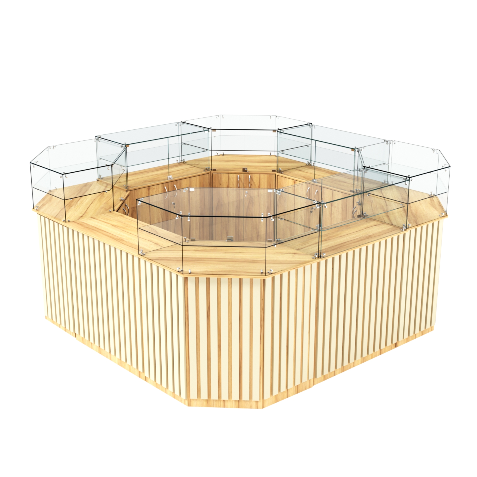 Торговый квадратный островок с планками серии ПРИЛИВ №5 (7,88 кв.м) Дуб Золотистый и Крем Вайс