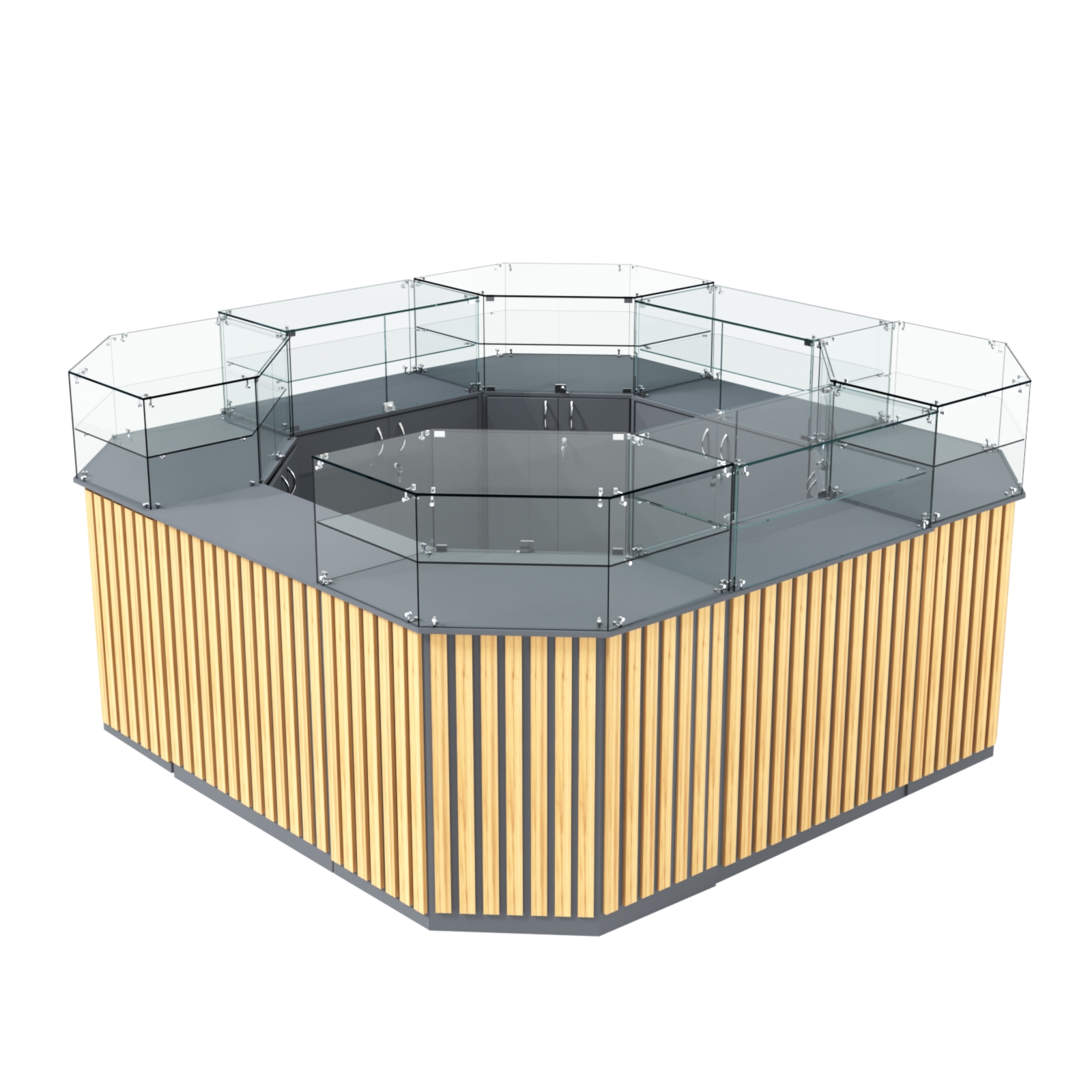 Торговый квадратный островок с планками серии ПРИЛИВ №5 (7,88 кв.м) Темно-Серый  + Дуб Золотистый