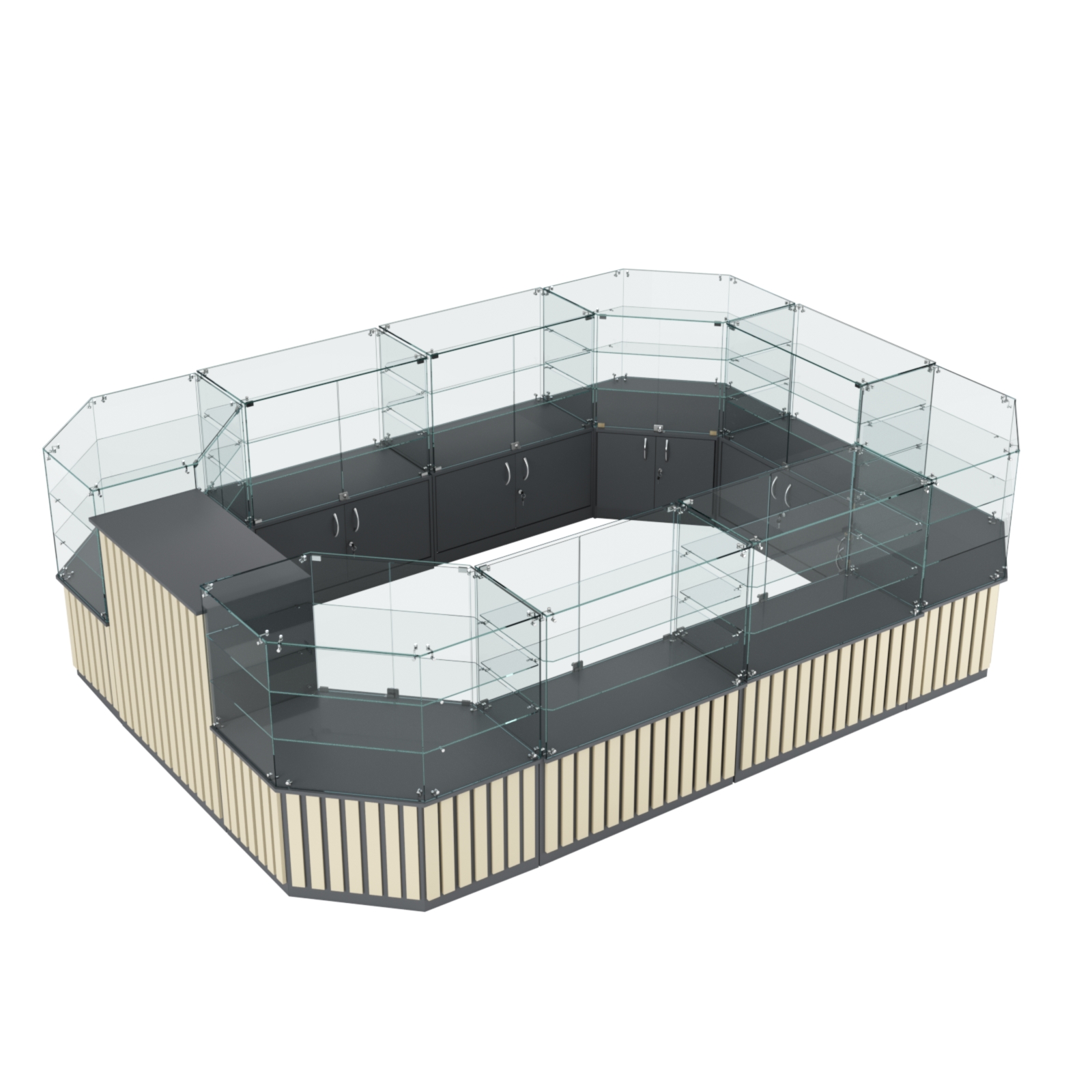 Торговый центральный островок с планками серии ПРИЛИВ №3 (10,69 кв.м) Темно-серый и Крем Вайс U2601-U2236