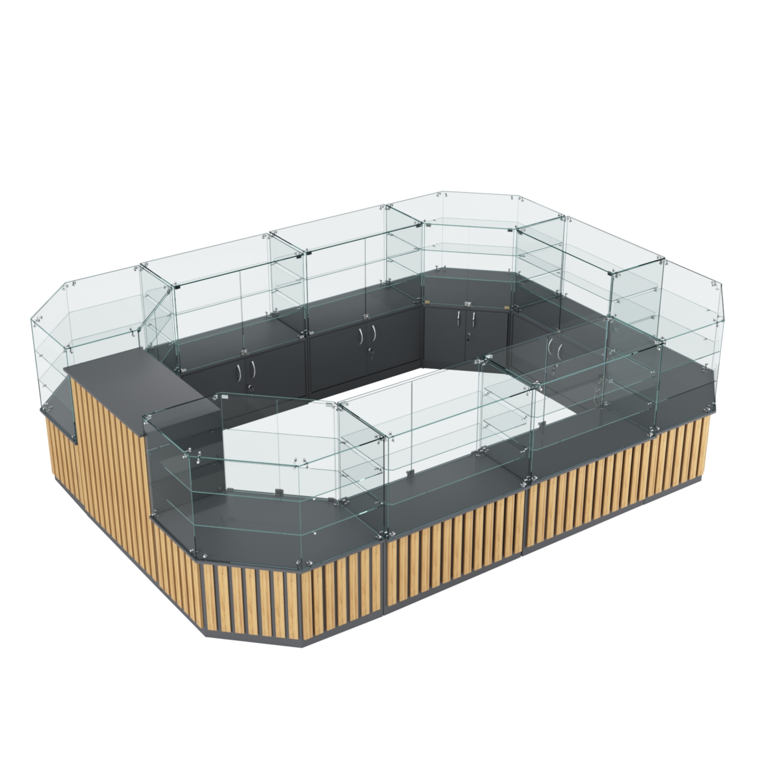 Торговый центральный островок с планками серии ПРИЛИВ №3 (10,69 кв.м) Темно-Серый  + Дуб Золотистый