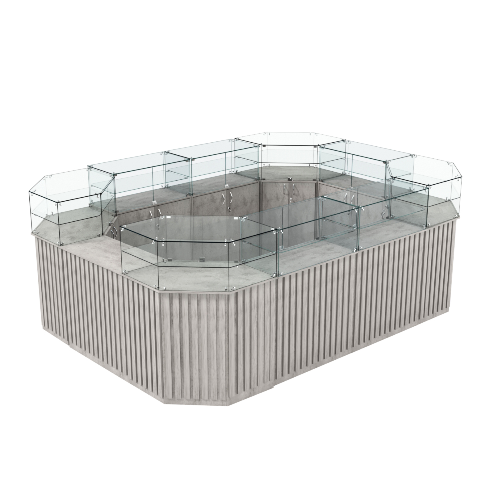 Торговый островок с прозрачным верхом и планками серии ПРИЛИВ №6 (10,69 кв.м) Бетон Чикаго светло-серый F186 ST9