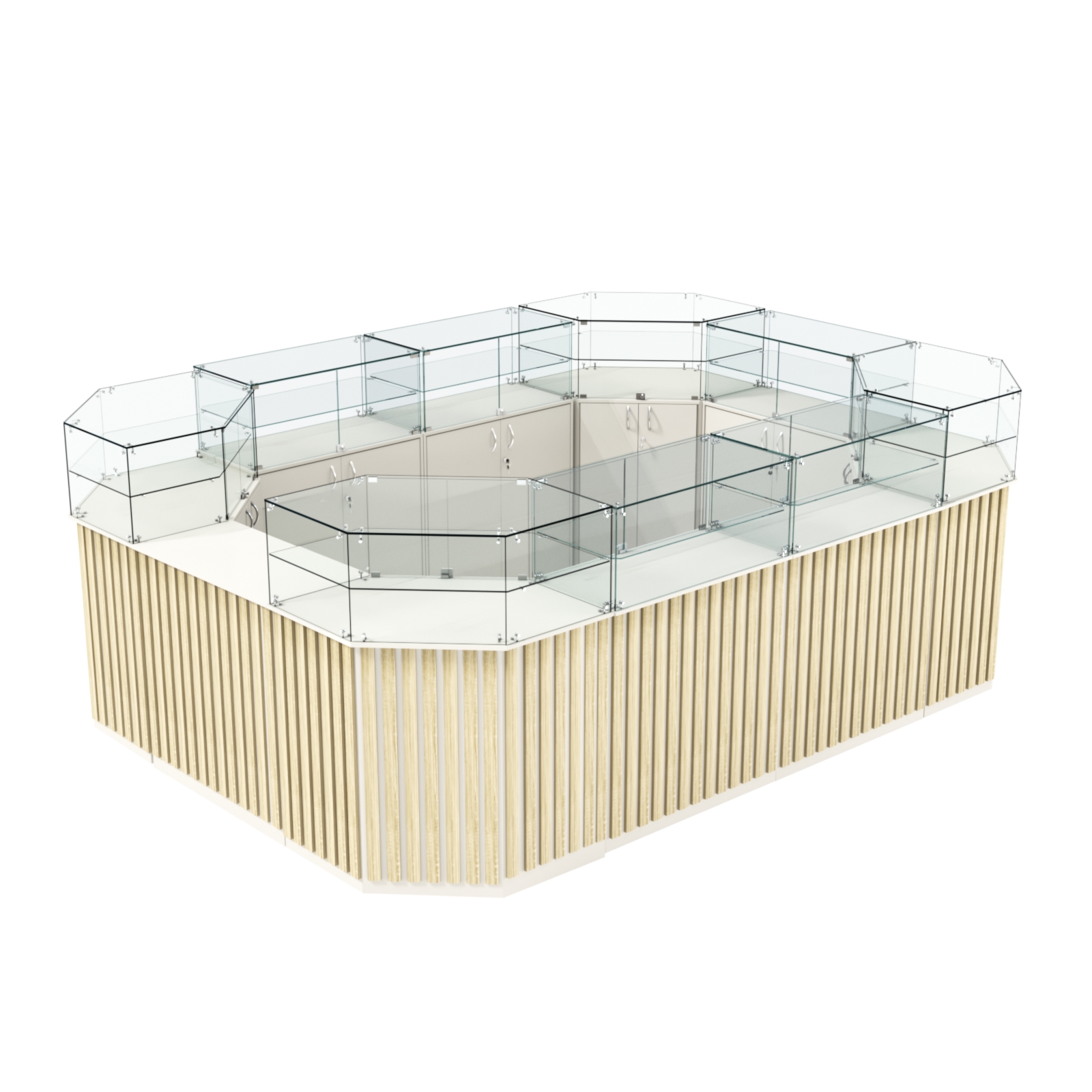 Торговый островок с прозрачным верхом и планками серии ПРИЛИВ №6 (10,69 кв.м) Белый + Дуб Сонома