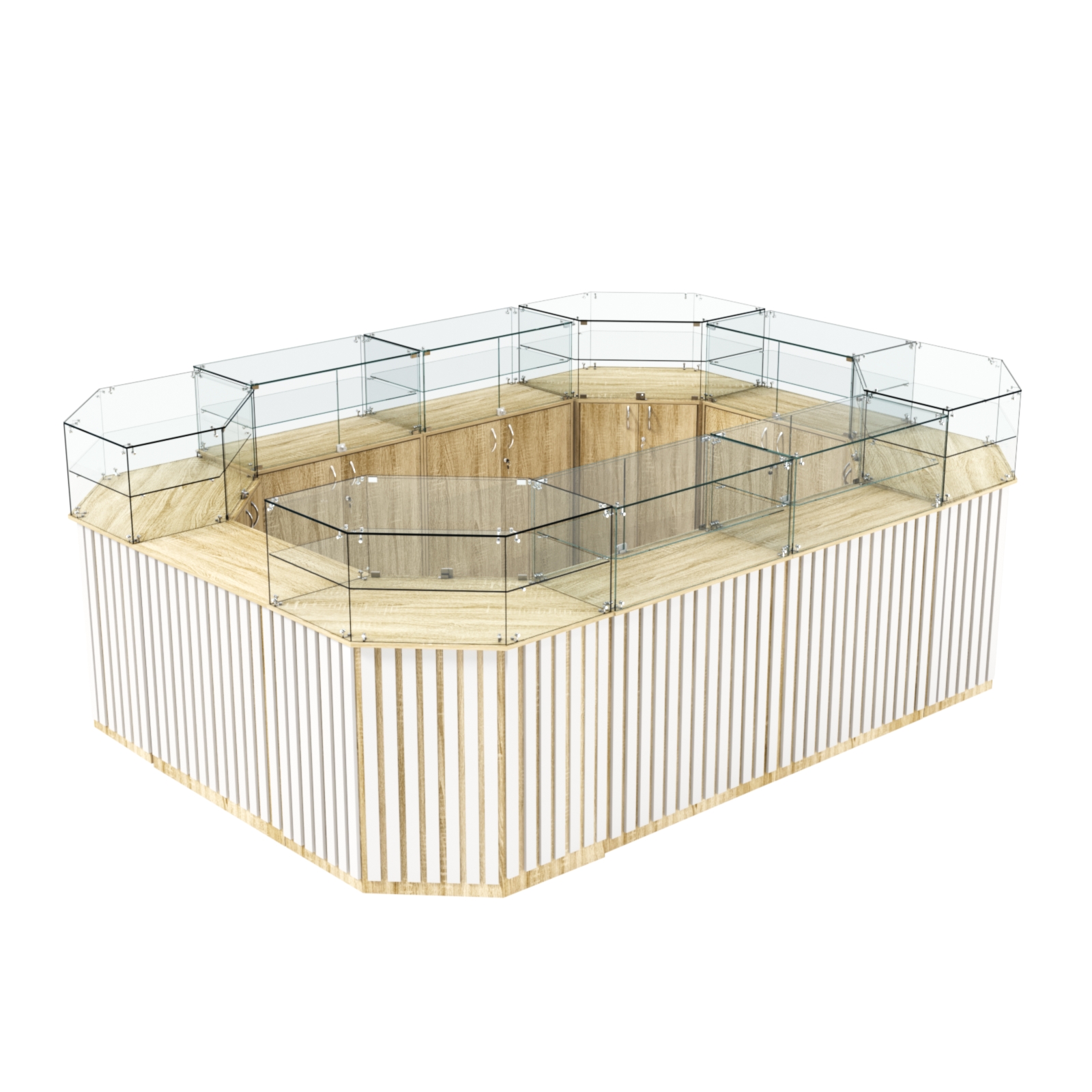 Торговый островок с прозрачным верхом и планками серии ПРИЛИВ №6 (10,69 кв.м) Дуб Сонома + Белый