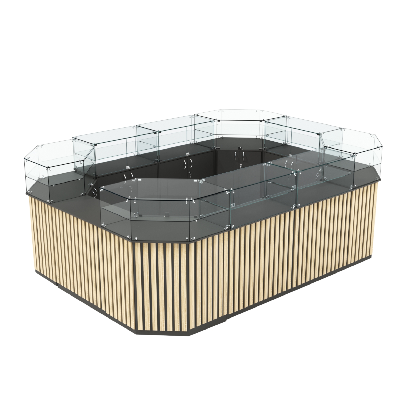 Торговый островок с прозрачным верхом и планками серии ПРИЛИВ №6 (10,69 кв.м) Черный + Дуб Сонома