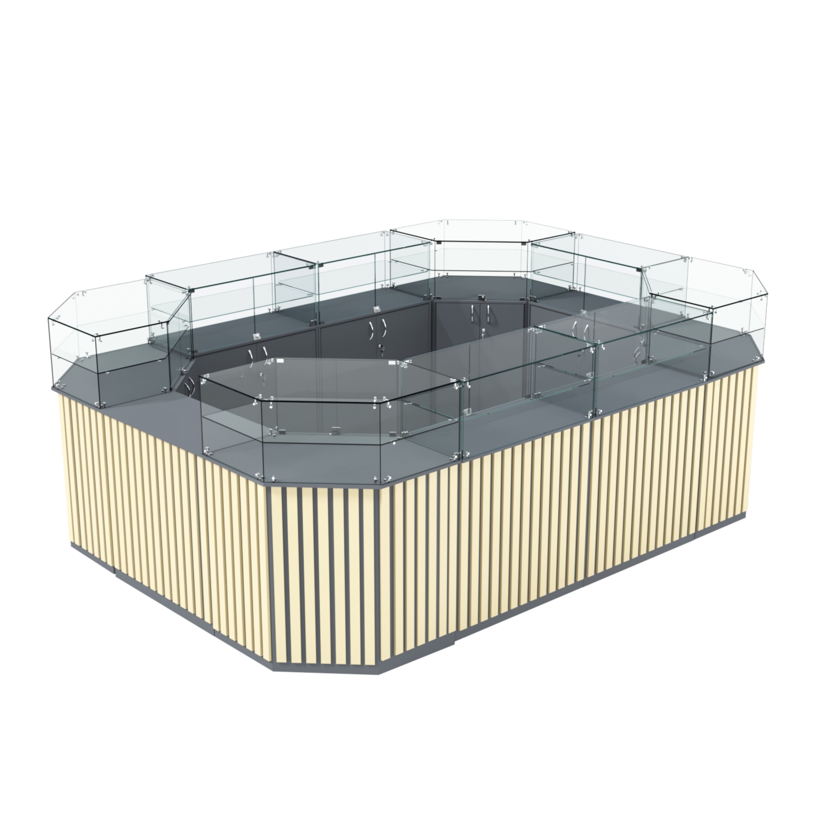 Торговый островок с прозрачным верхом и планками серии ПРИЛИВ №6 (10,69 кв.м) Темно-серый и Крем Вайс U2601-U2236