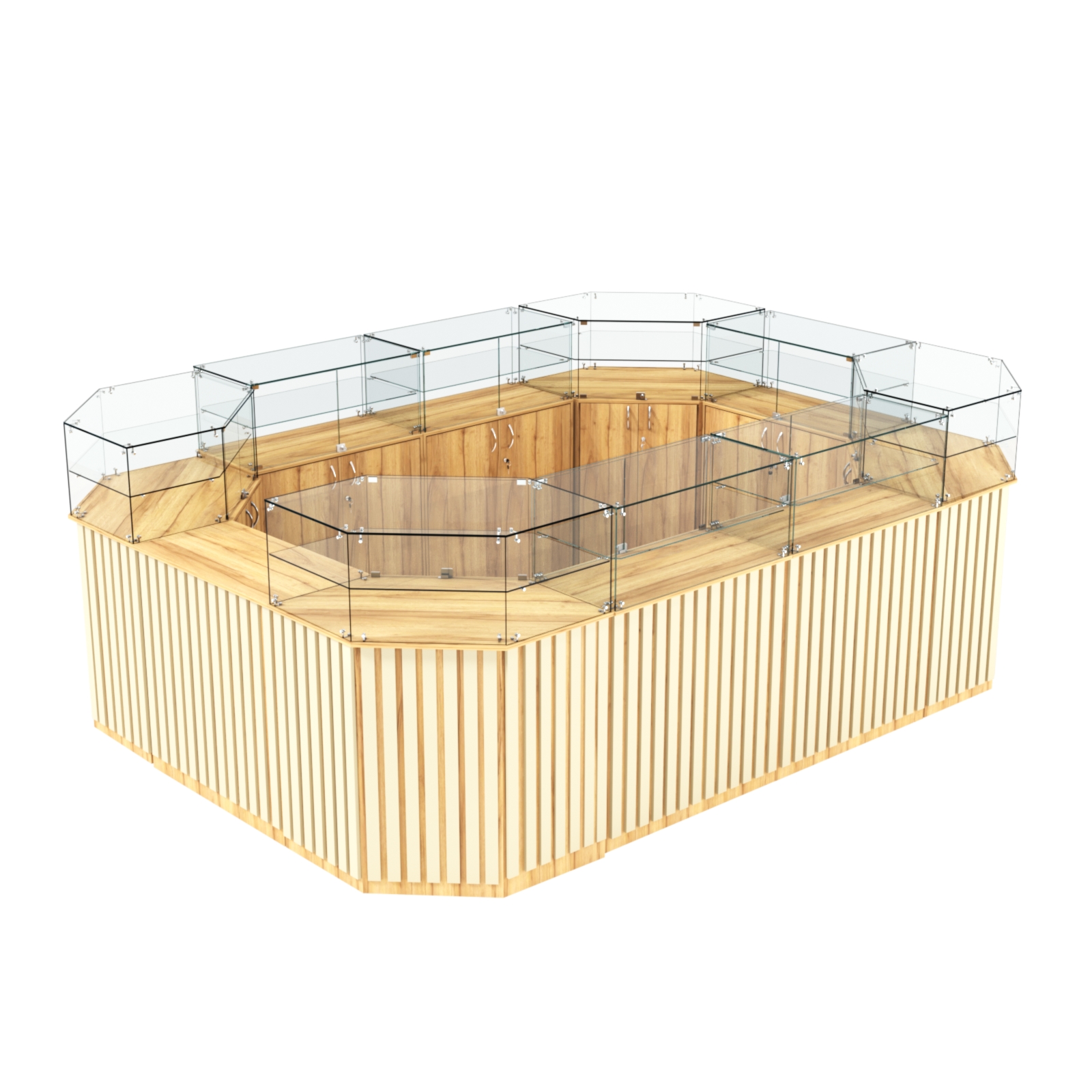 Торговый островок с прозрачным верхом и планками серии ПРИЛИВ №6 (10,69 кв.м) Дуб Золотистый и Крем Вайс