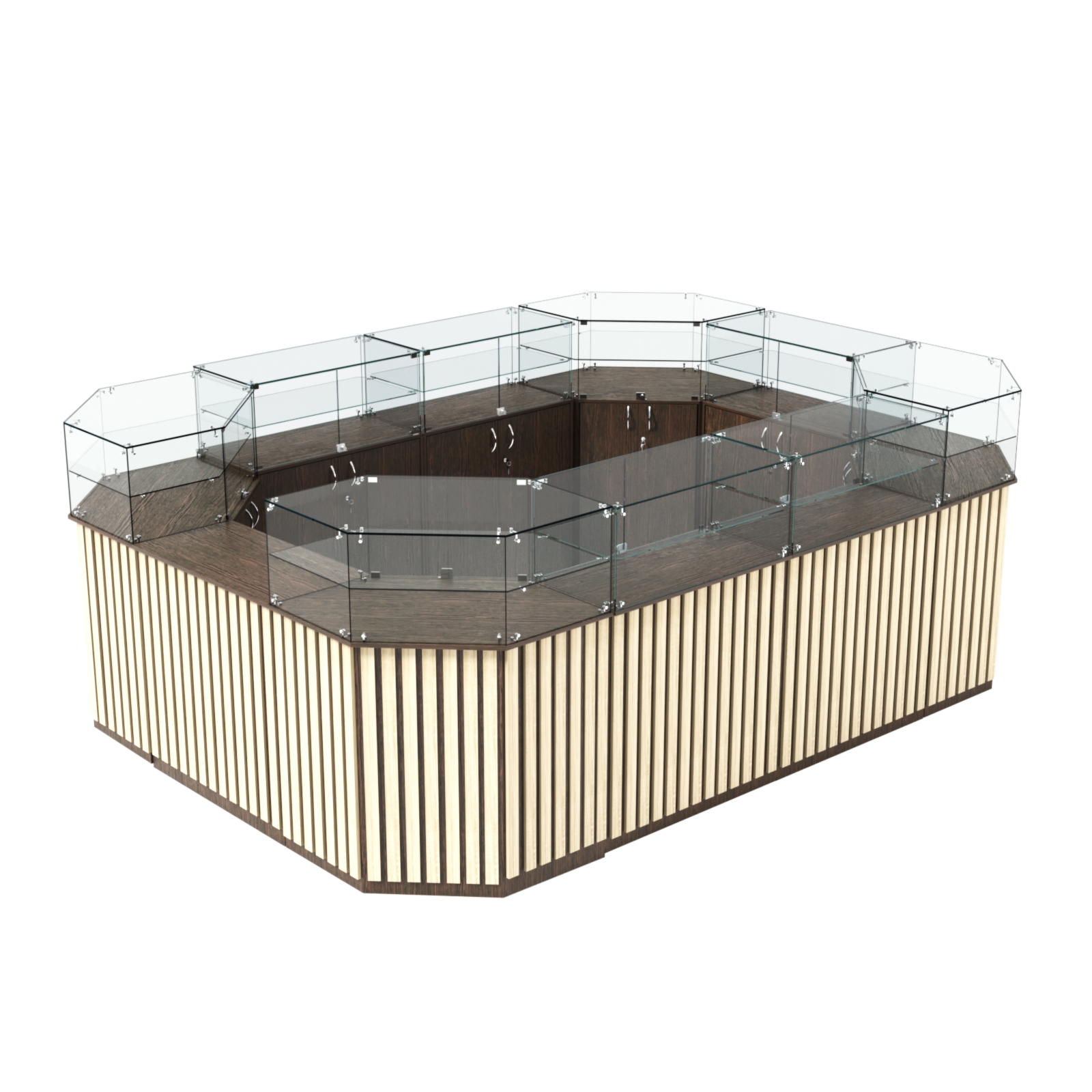 Торговый островок с прозрачным верхом и планками серии ПРИЛИВ №6 (10,69 кв.м) Дуб Венге + Дуб Сонома