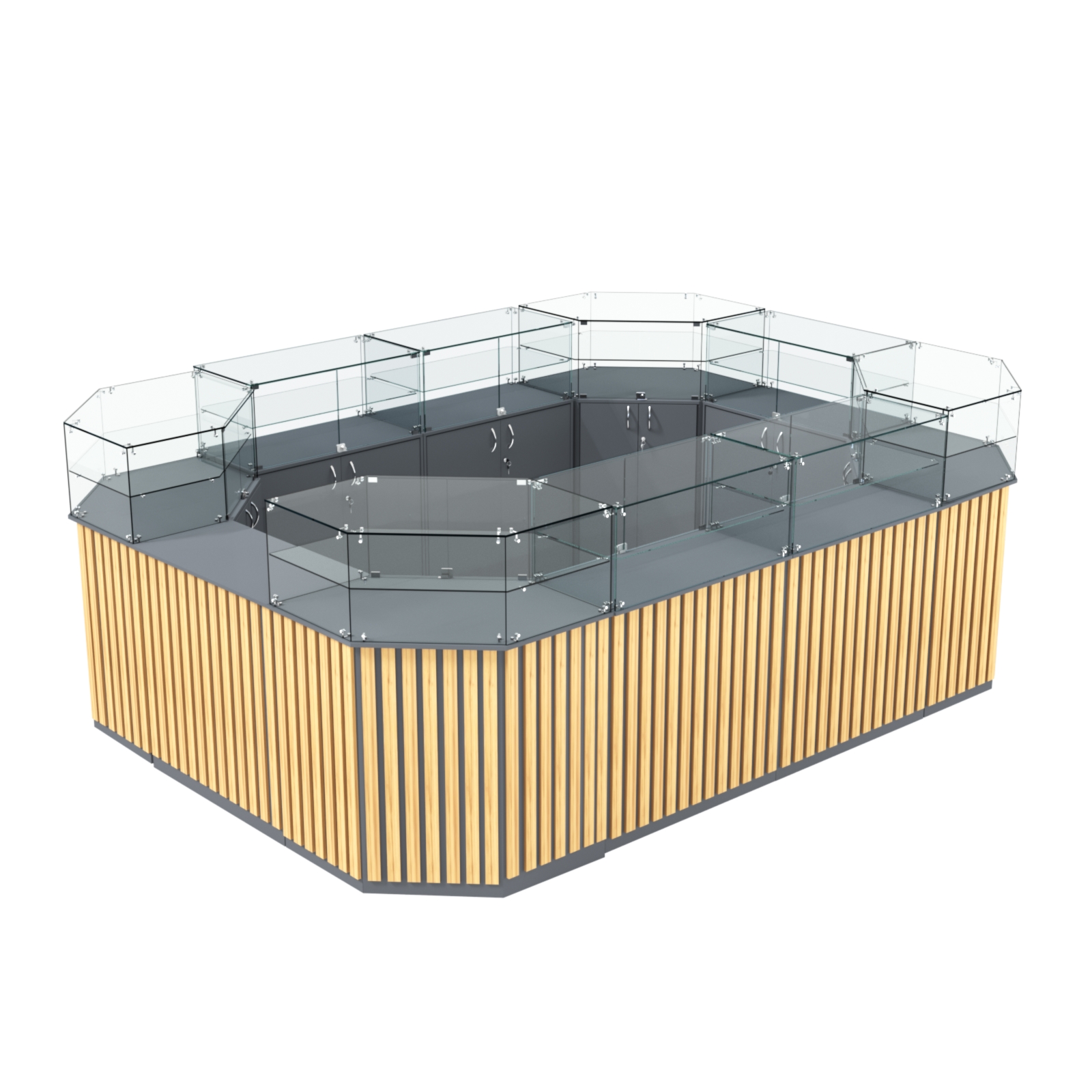 Торговый островок с прозрачным верхом и планками серии ПРИЛИВ №6 (10,69 кв.м) Темно-Серый  + Дуб Золотистый