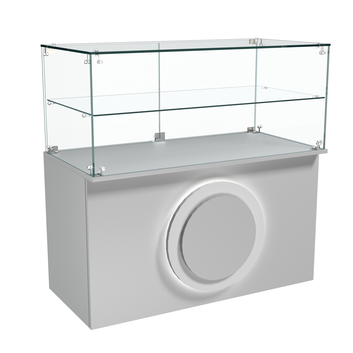 Торговый прилавок прямоугольный с декоративной накладкой и стеклянной полкой серии КРУГ №31 Серый