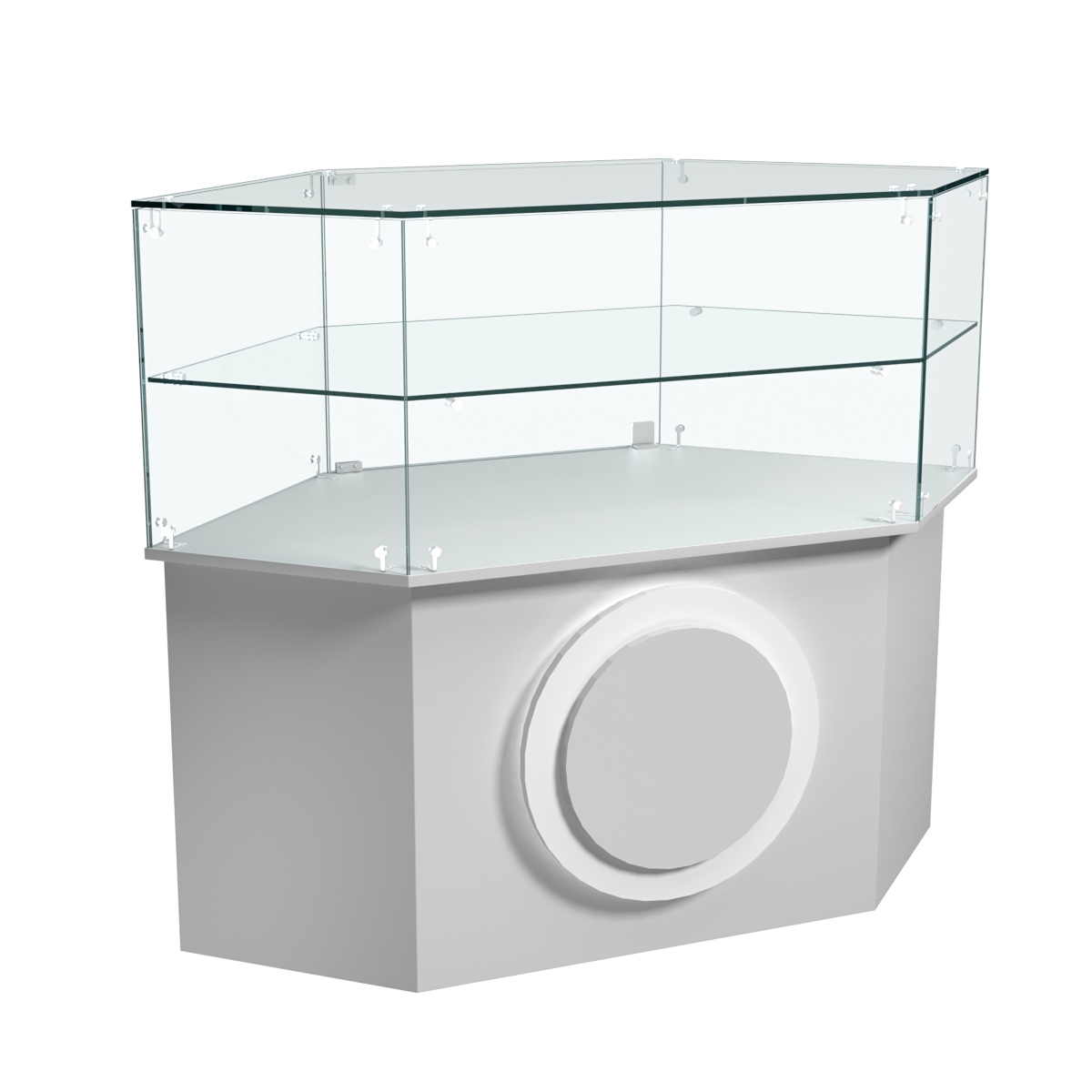 Торговый прилавок низкий шестигранный с декоративной накладкой и одной полкой серии КРУГ №36 Серый