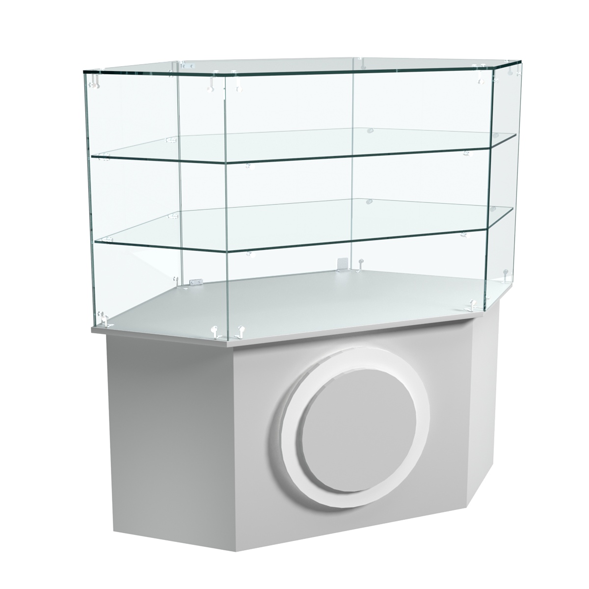 Торговый прилавок низкий шестигранный с декоративной накладкой и двумя полками серии КРУГ №37 Серый