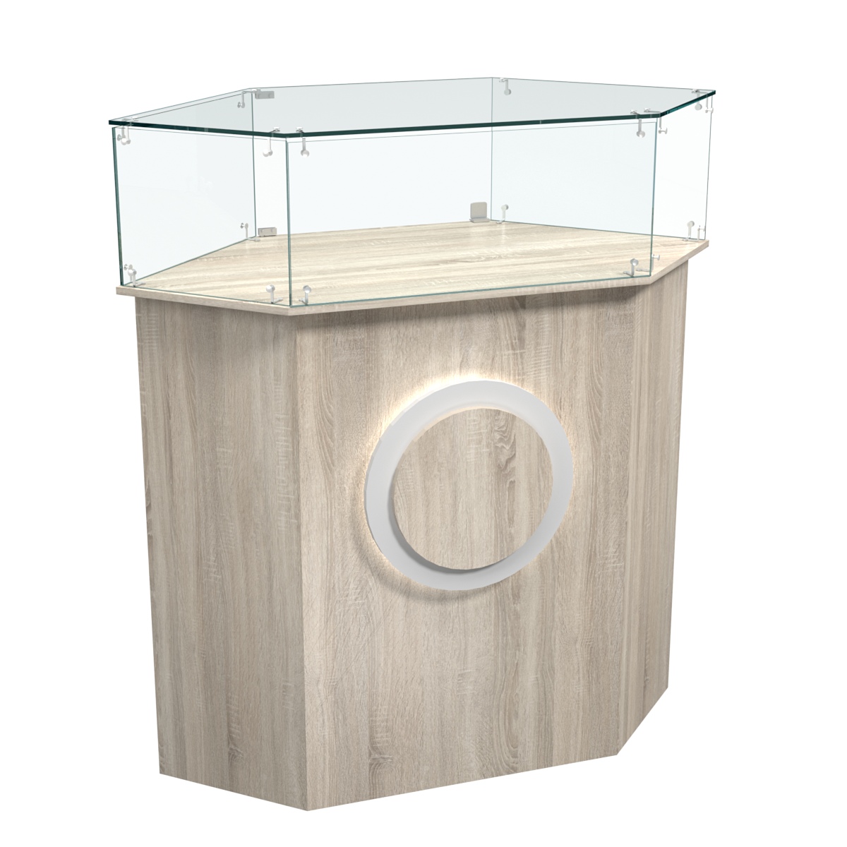 Торговый прилавок шестигранный с декоративной накладкой и стеклянным колпаком КРУГ №6 Дуб сонома