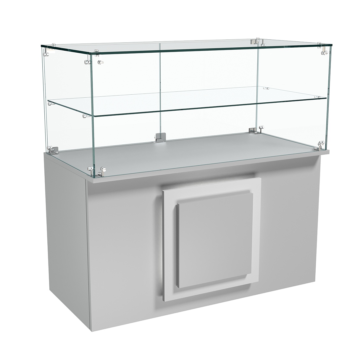 Торговый прилавок прямоугольный с декоративной накладкой и стеклянной полкой серии КВАДРАТ №31 Серый