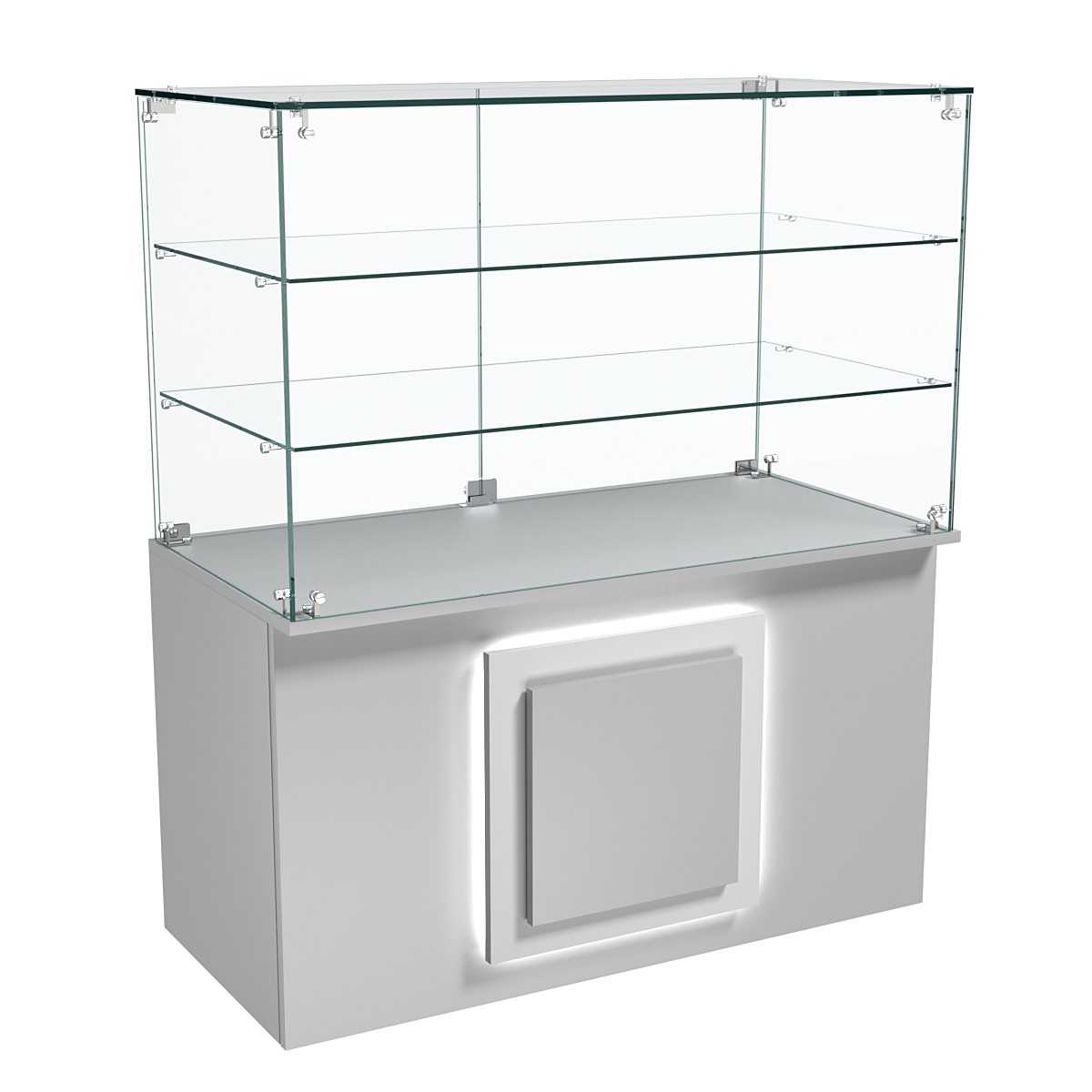 Торговый прилавок прямоугольный с  декоративной накладкой и двумя полками серии КВАДРАТ №32 Серый