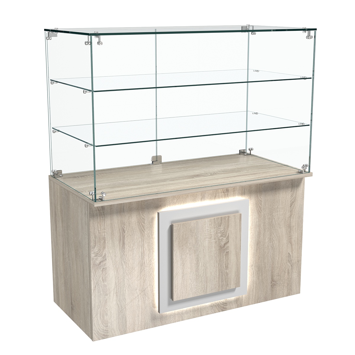 Торговый прилавок прямоугольный с  декоративной накладкой и двумя полками серии КВАДРАТ №32 Дуб сонома