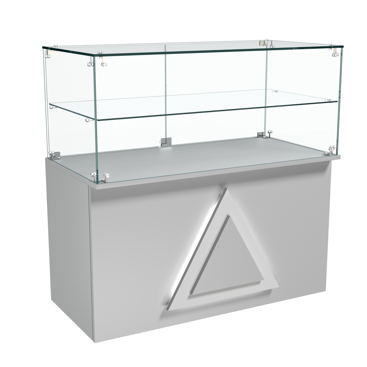 Торговый прилавок прямоугольный с декоративной накладкой и стеклянной полкой серии ТРЕУГОЛЬНИК №31 Серый