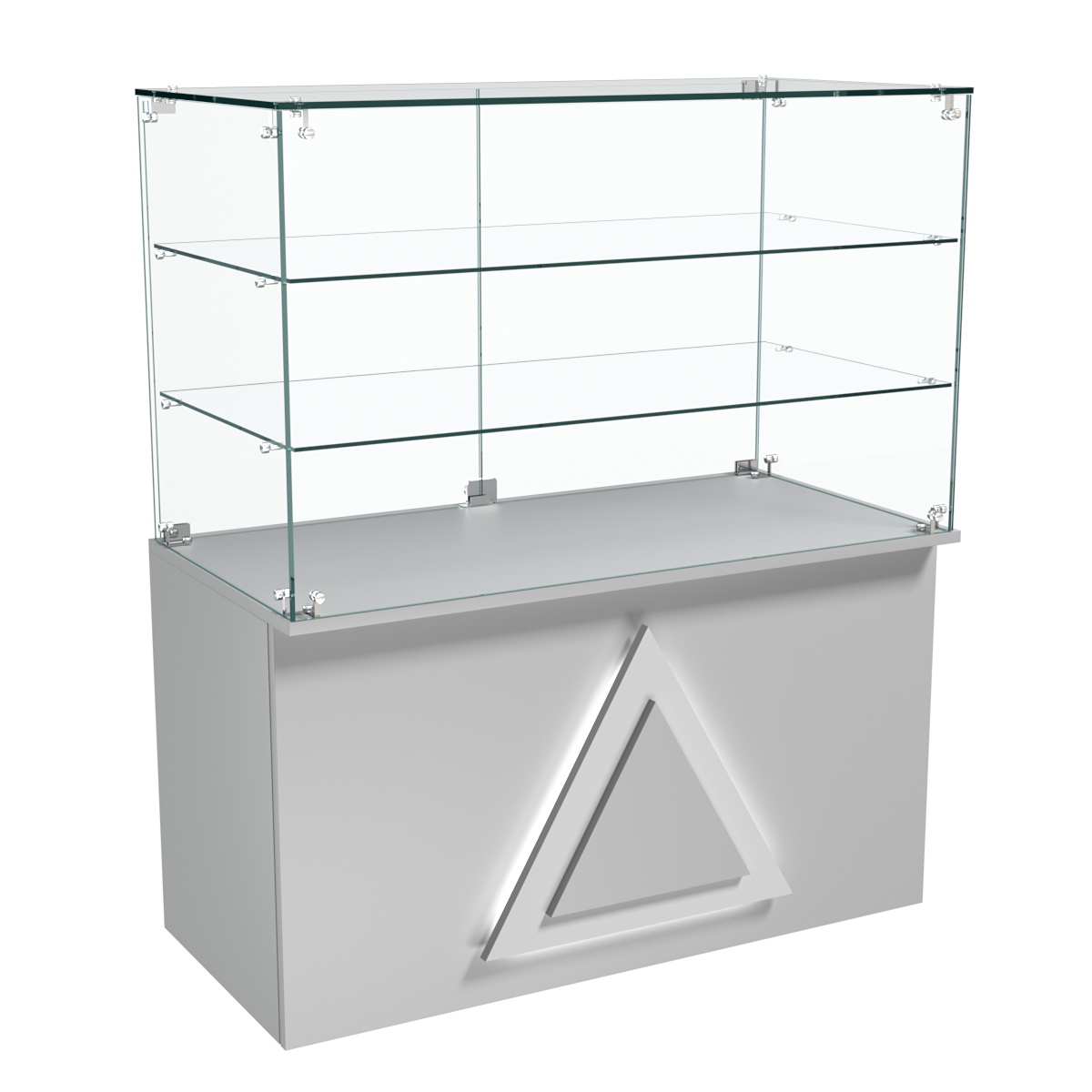 Торговый прилавок прямоугольный с декоративной накладкой и двумя полками серии ТРЕУГОЛЬНИК №32 Серый