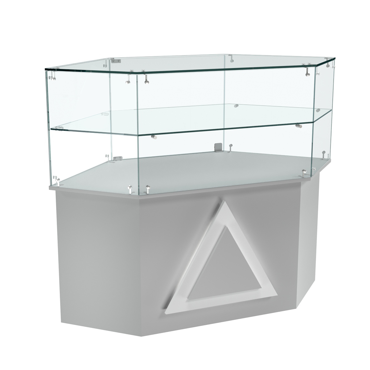 Торговый прилавок низкий шестигранный с декоративной накладкой и одной полкой серии ТРЕУГОЛЬНИК №36 Серый