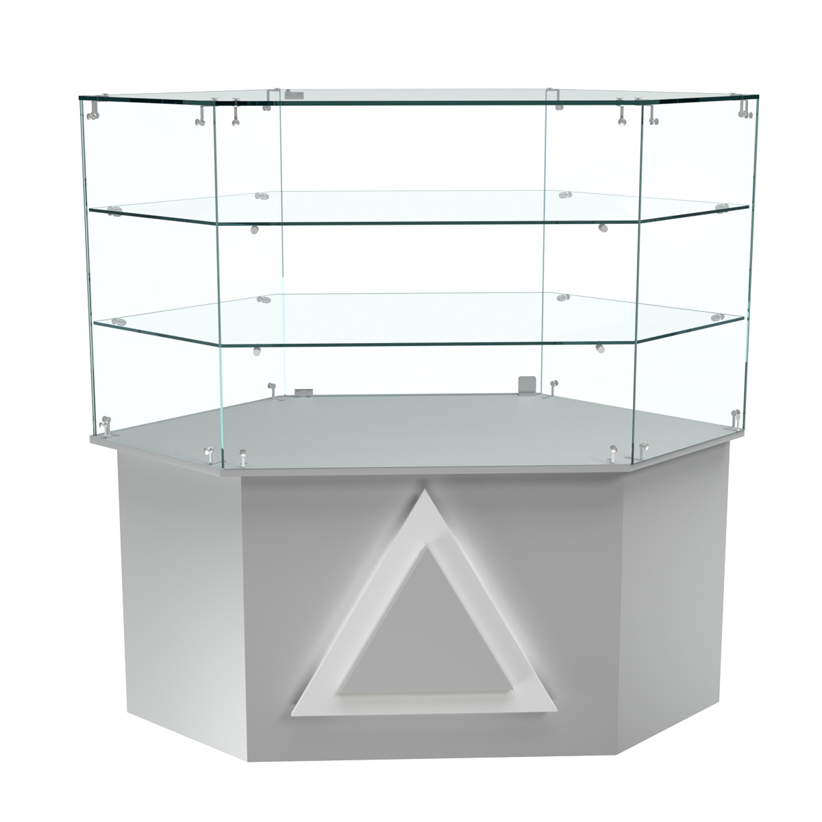 Торговый прилавок низкий шестигранный с декоративной накладкой и двумя полками серии ТРЕУГОЛЬНИК №37 Серый