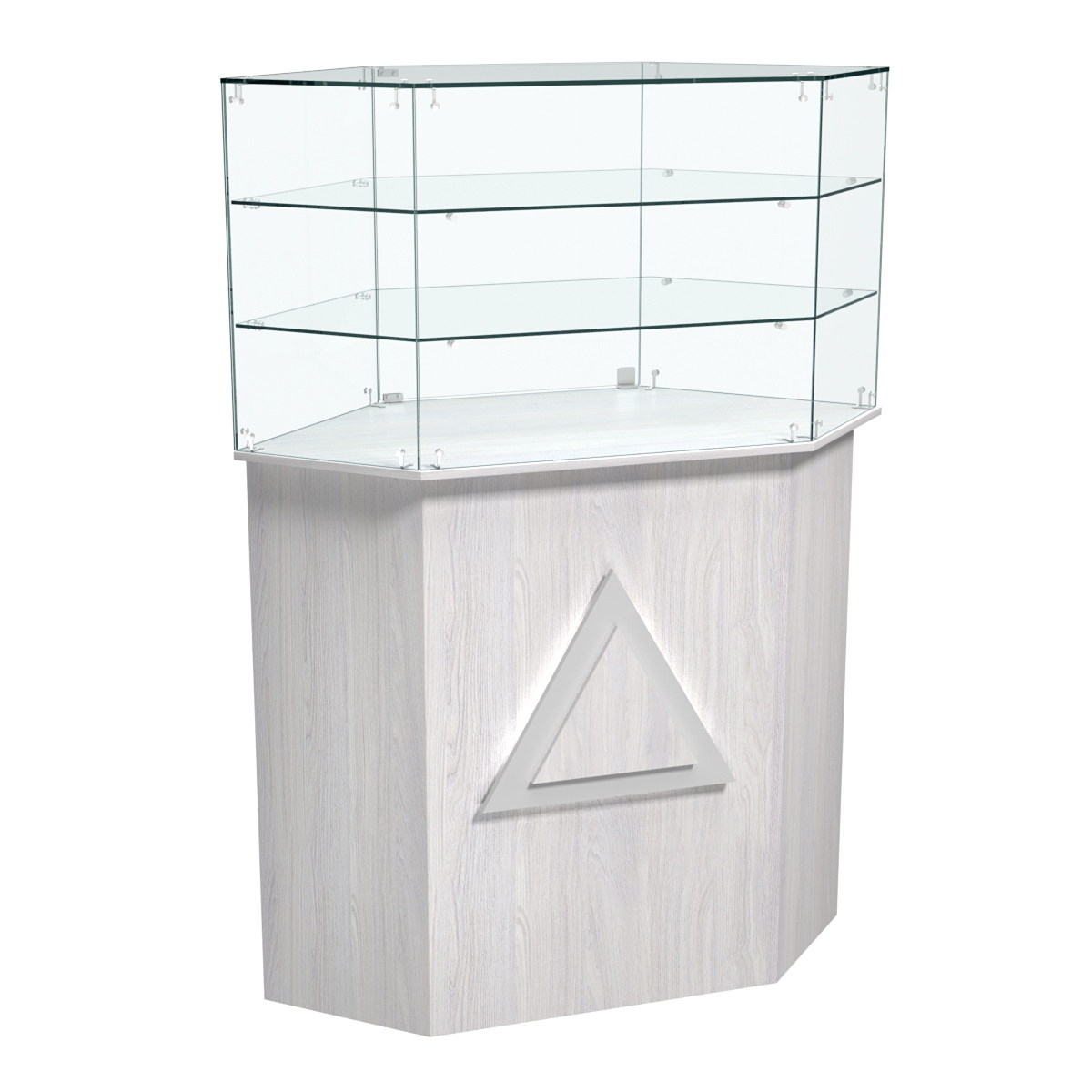 Торговый прилавок шестигранный с декоративной накладкой и двумя полками ТРЕУГОЛЬНИК №8 Ясень Анкор светлый - U31104